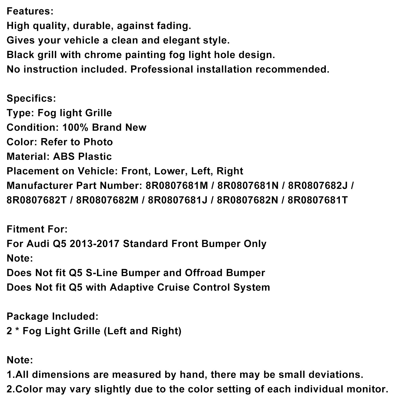 2013-2017 Audi Q5 Voorbumper Mistlamp Grill Grille 8R0807681M