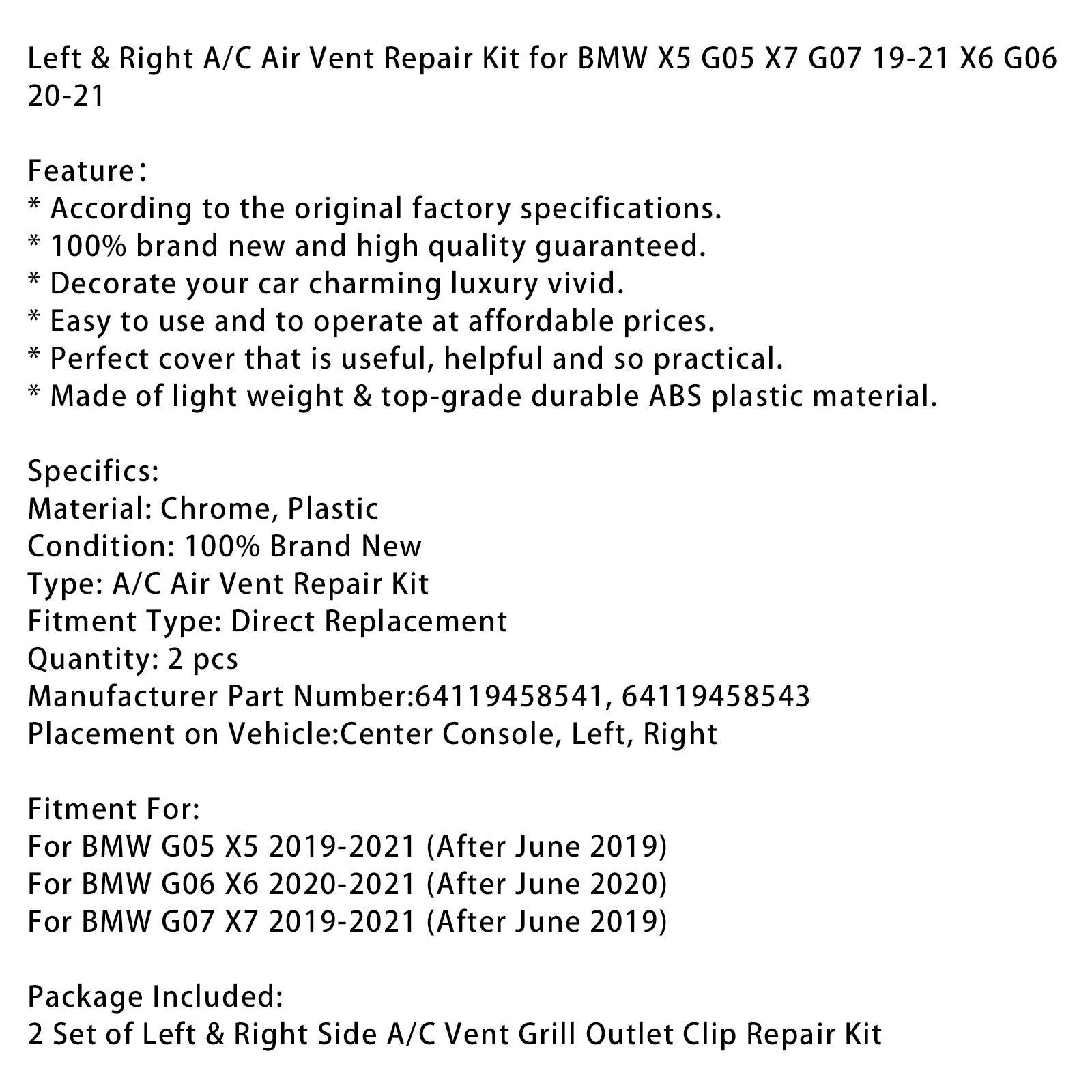 Left & Right A/C Air Vent Repair Kit for BMW X5 G05 X7 G07 19-21 X6 G06 20-21
