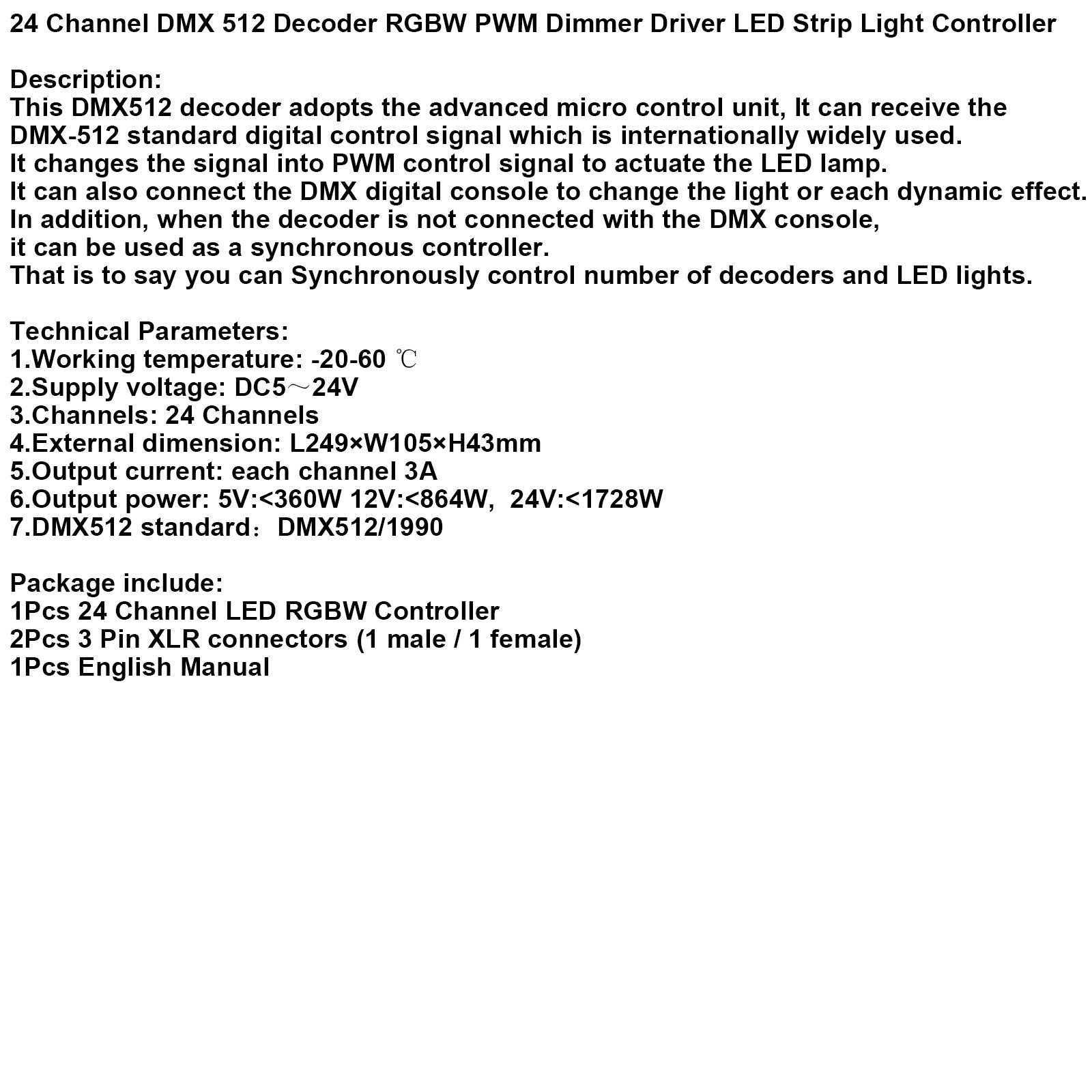 24 Channel DMX 512 Decoder RGBW PWM Dimmer Driver LED Strip Light Controller
