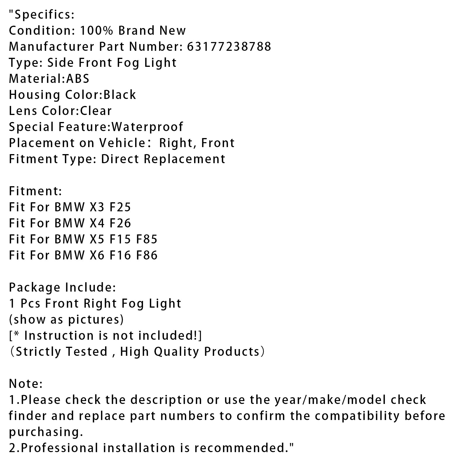 1 stk front høyre tåke lyslamper uten pærer for BMW x3 x4 x5 x6 63177238788