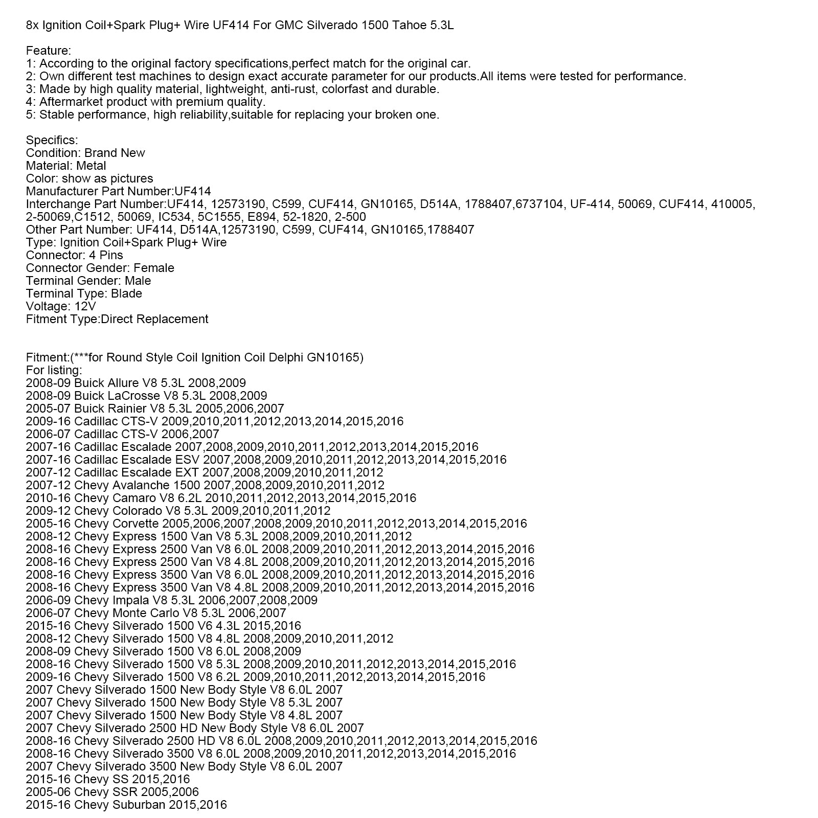 2008-2010 Hummer H3 8x Bobine + Bougie + Draad UF414