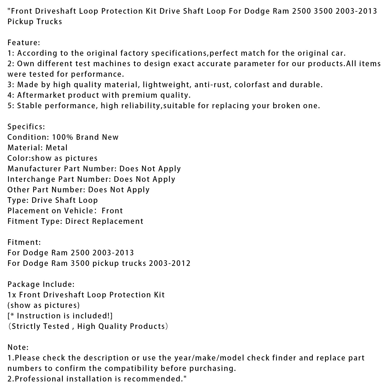 Dodge Ram 2500 3500 Front Driveshaft Loop Protection Kit Drive Shaft Loop