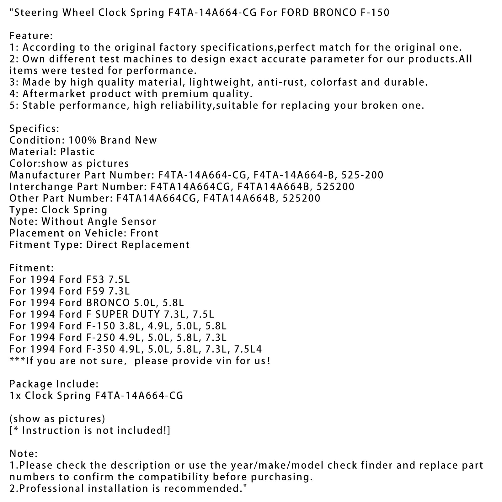 1994 Ford F-150 3.8L, 4.9L, 5.0L, 5.8L Steering Wheel Clock Spring F4TA-14A664-CG F4TA14A664B
