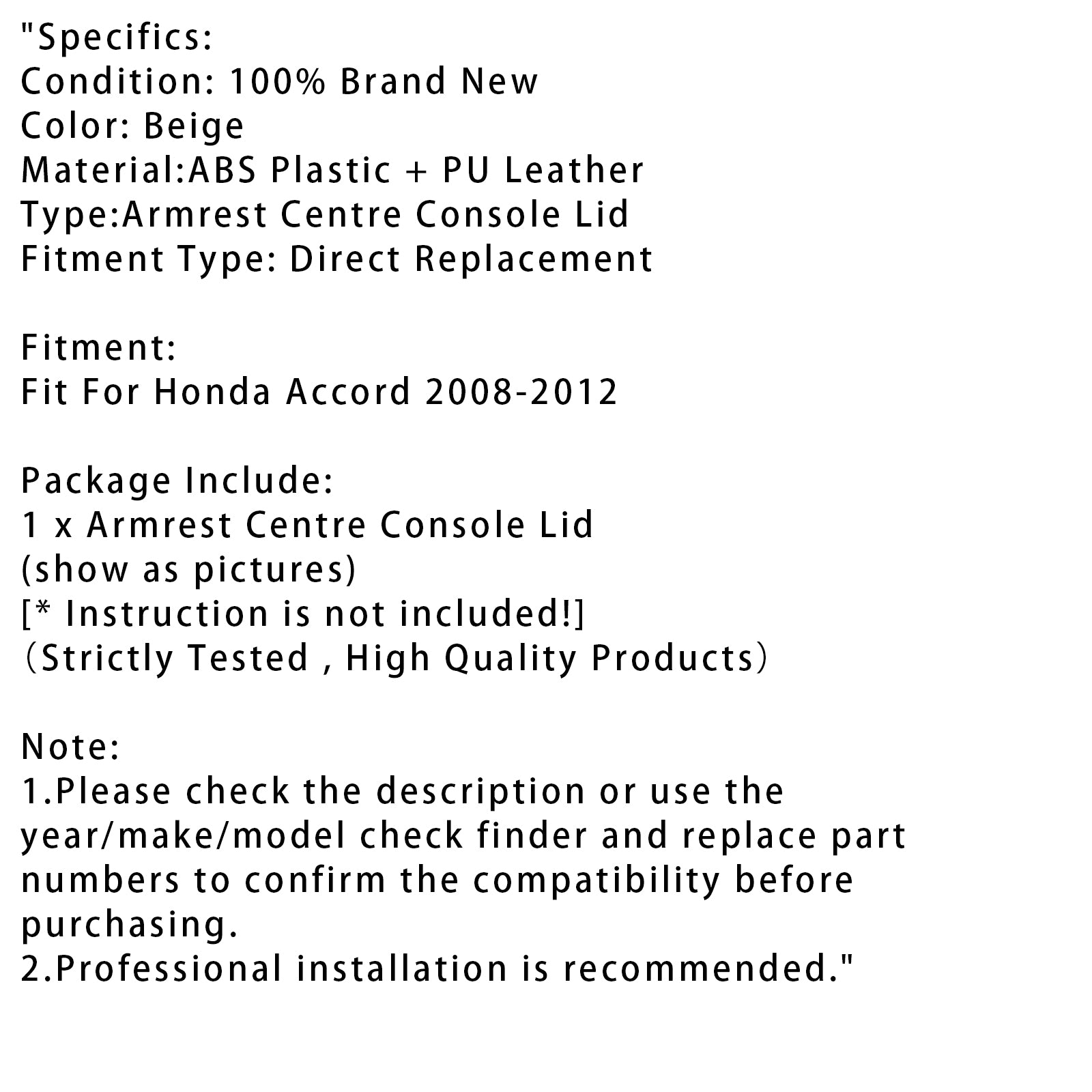 2008-2012 Honda Accord Beige Leather Armrest Centre Console Lid