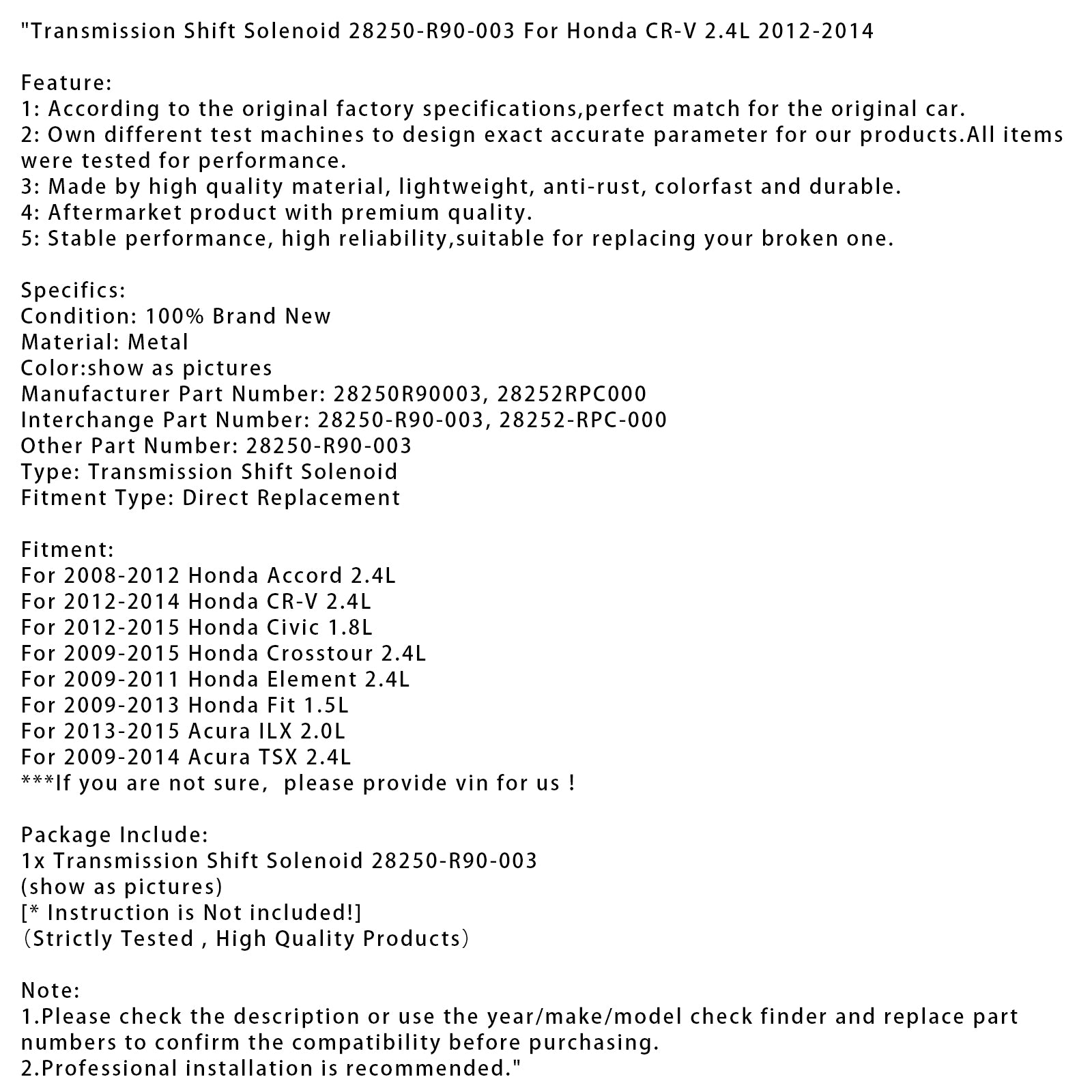 Transmission Shift Solenoid 28250-R90-003 For Honda CR-V 2.4L 2012-2014