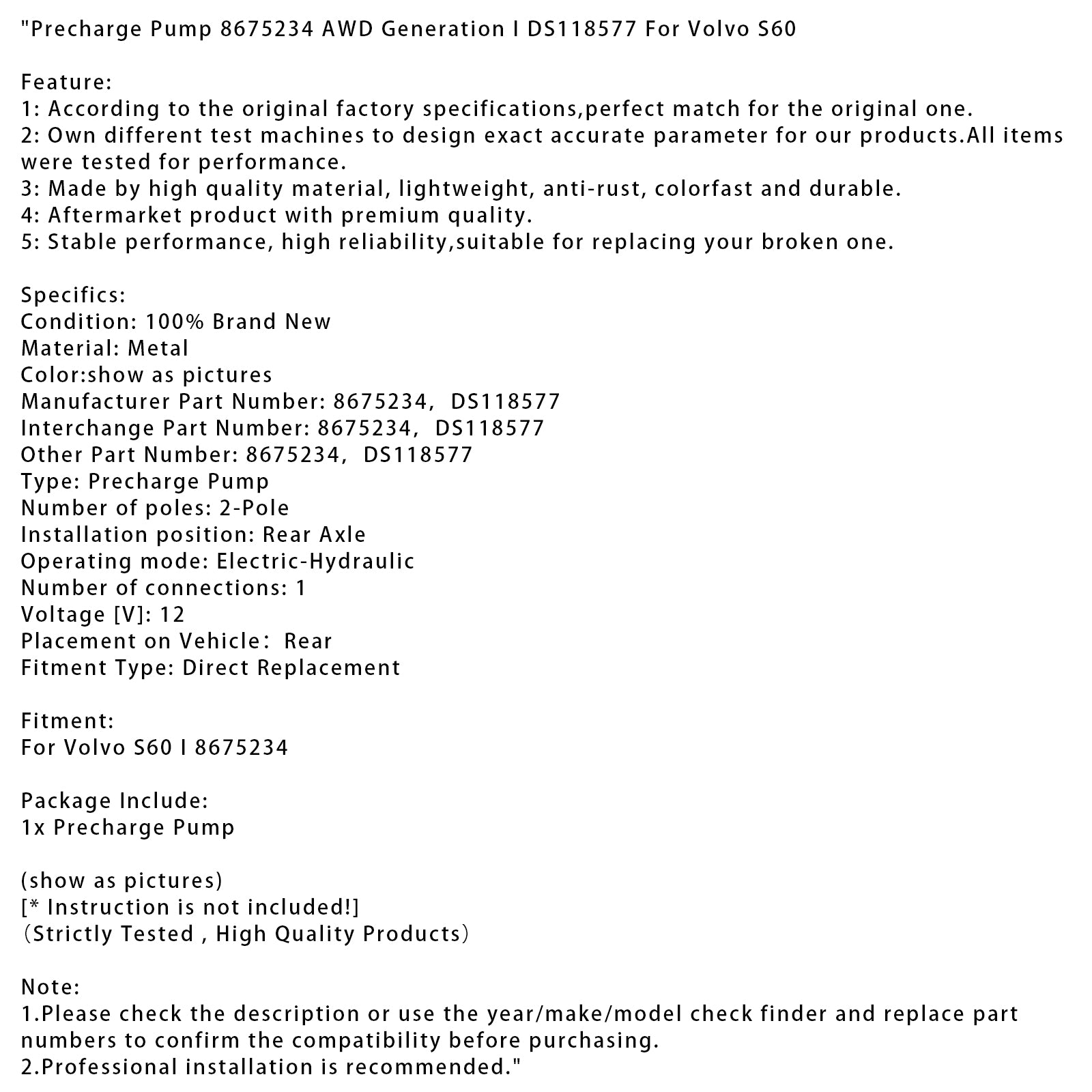 Bomba de precarga Volvo S60 8675234 AWD Generación I DS118577