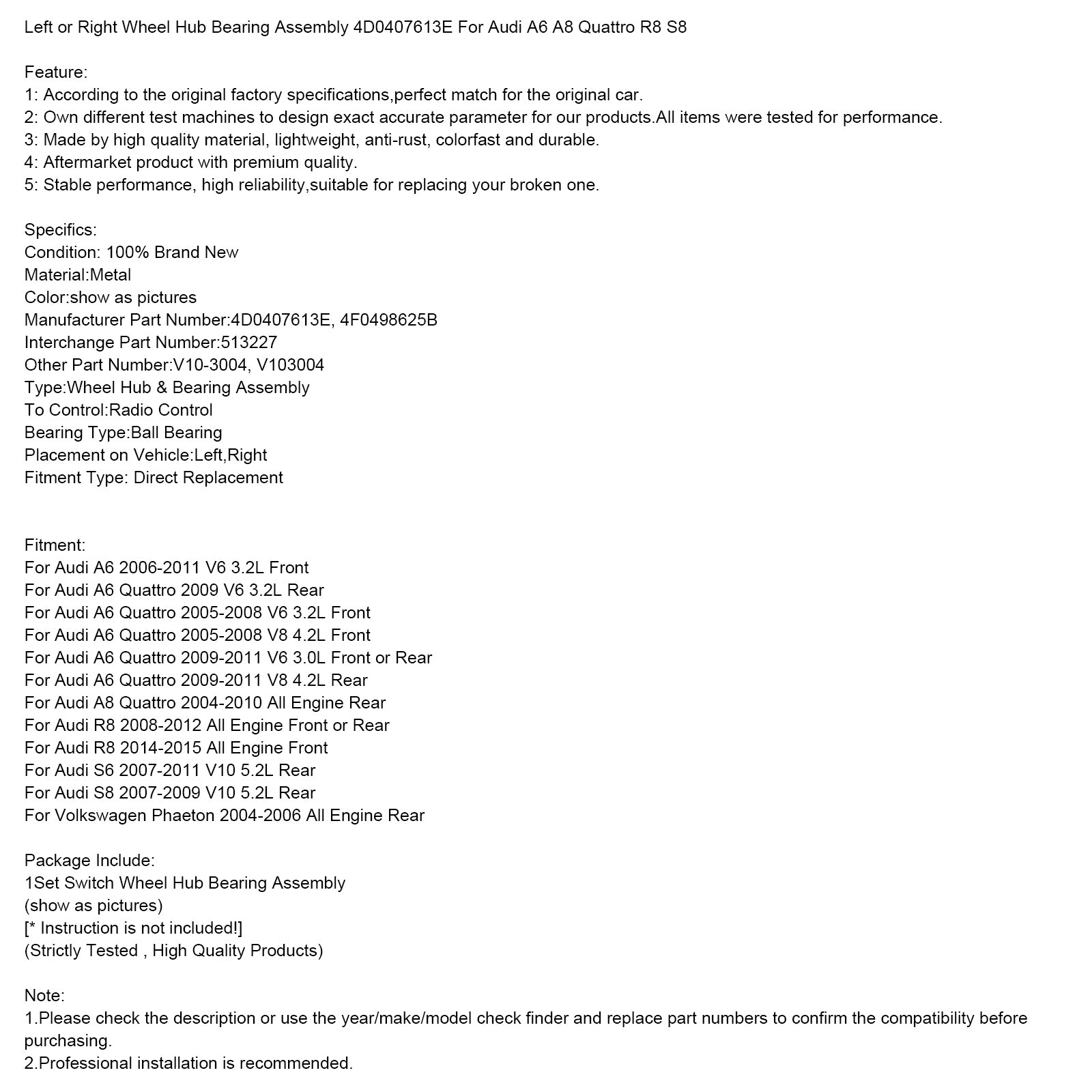 2008-2012 Audi R8 All Engine Front or Rear Wheel Hub Bearing Assembly 4D0407613E