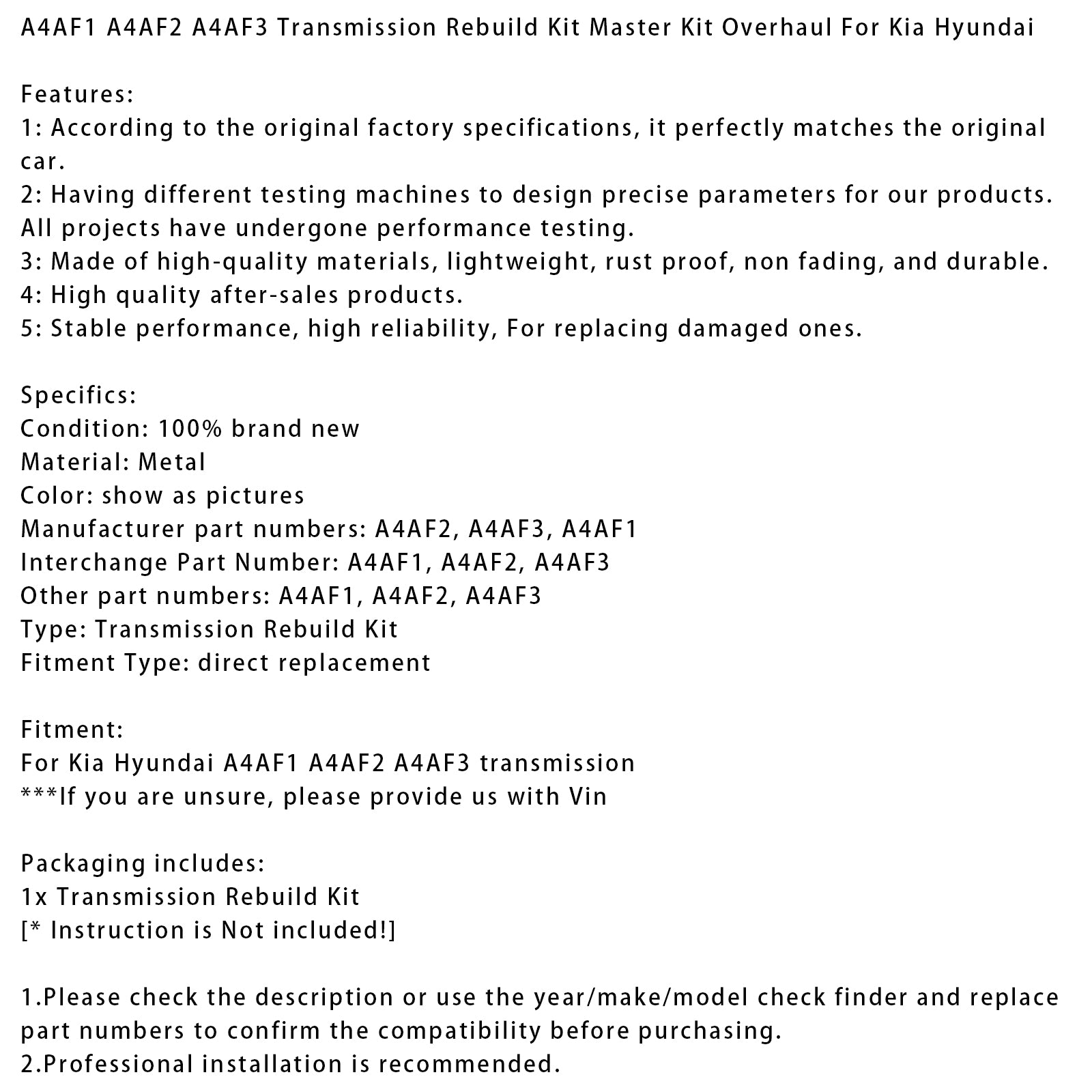 A4AF1 A4AF2 A4AF3 Transmission Rebuild Kit Master Kit Overhaul For Kia Hyundai