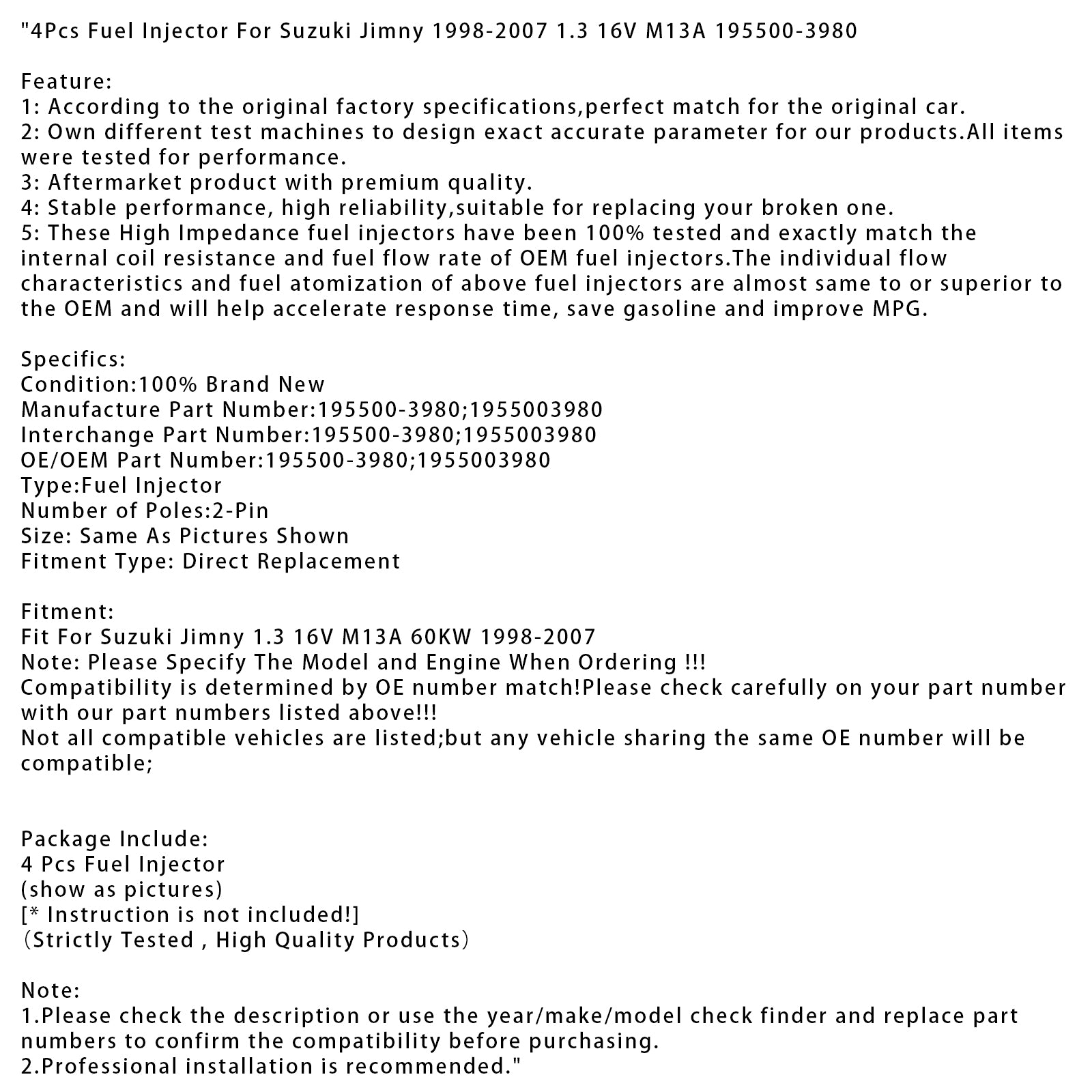 1998-2007 Suzuki Jimny 1.3 16V M13A 4Pcs Fuel Injector 195500-3980