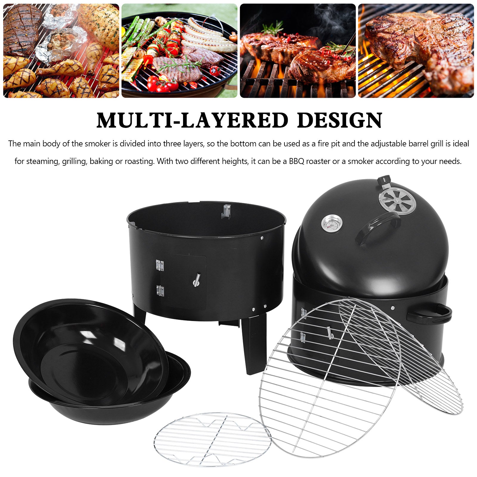 Fumeur vertical vertical 3-en-1 détachable Grille de fumeurs de barbecue portable