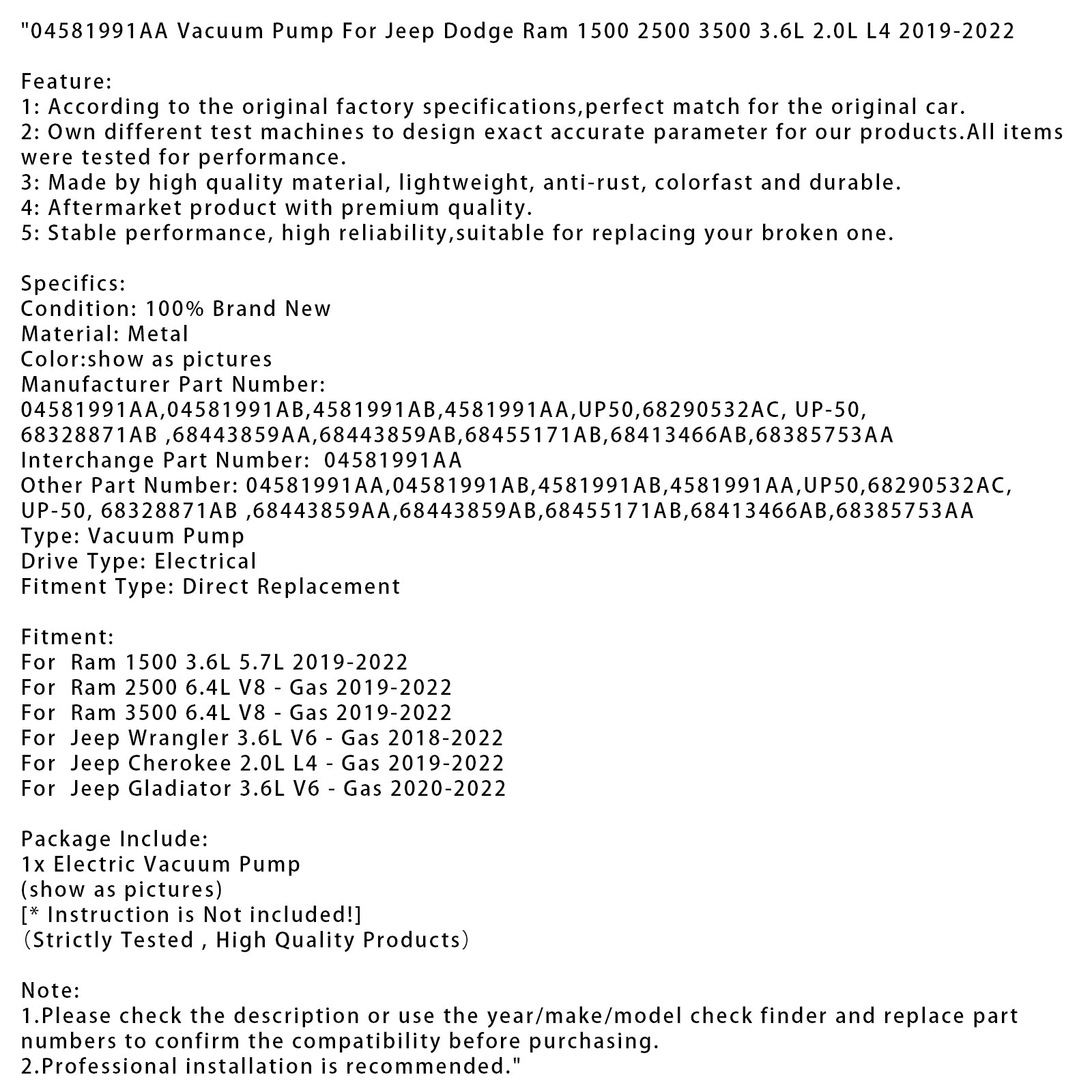 04581991AA Vacuum Pump For Jeep Dodge Ram 1500 2500 3500 3.6L 2.0L L4 2019-2022
