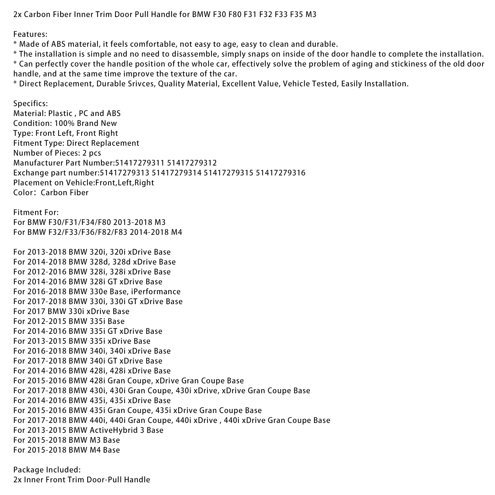 Front Links/Rechts Binnenbekleding Deur Pull Handvat Voor BMW F30 F80 F31 F32 F33 F35 M3