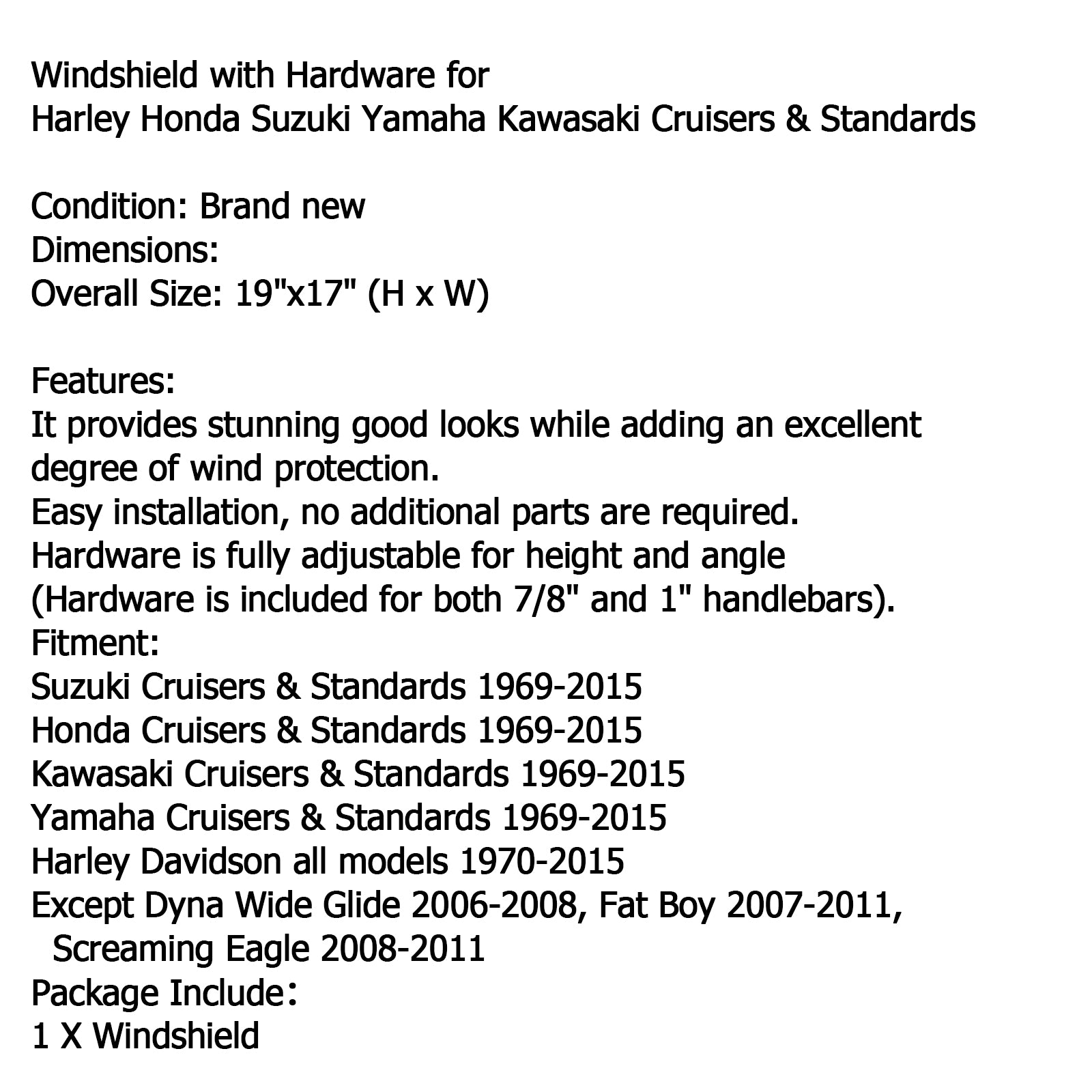 Grand 19"x17" Pare-brise pour Sportster Dyna Glide Softail Touring