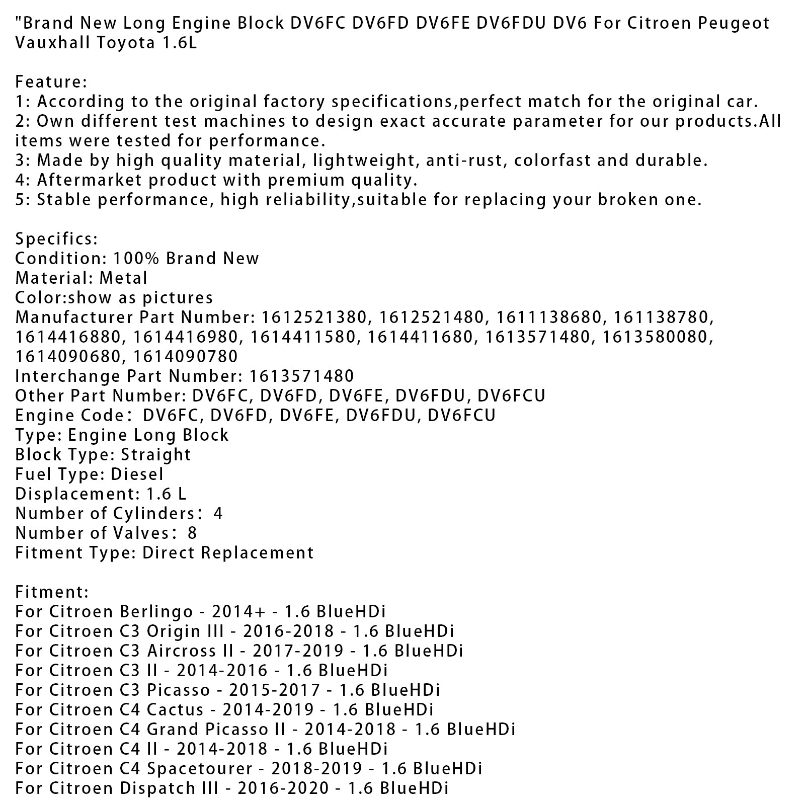 2014-2018 Citroen C4 II 1.6 BlueHDi Engine Block DV6FC DV6FD DV6FE DV6FDU DV6 1612521380 1614411580