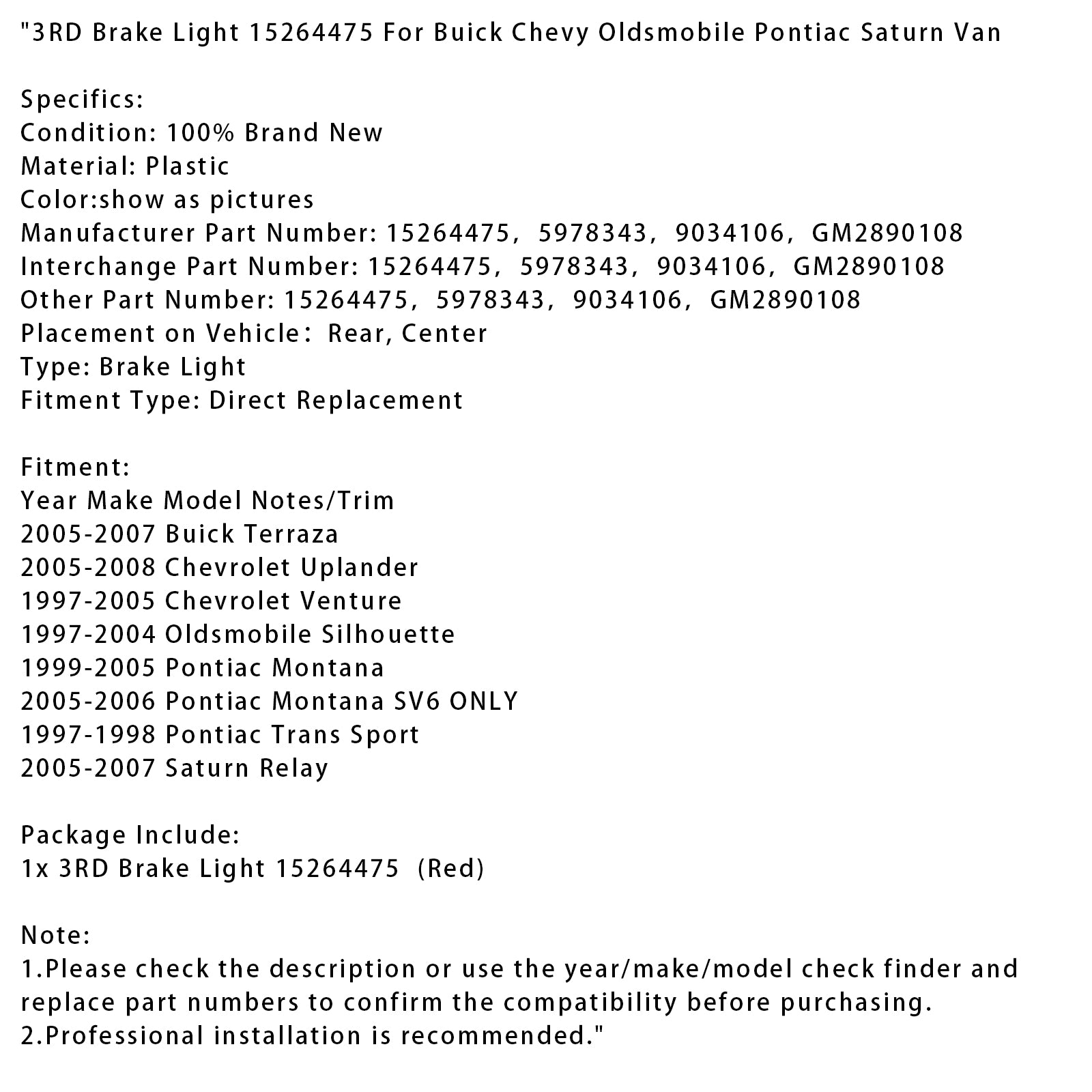 3. brzdové svetlo 15264475 pre Buick Chevy Oldsmobile Pontiac Saturn Van