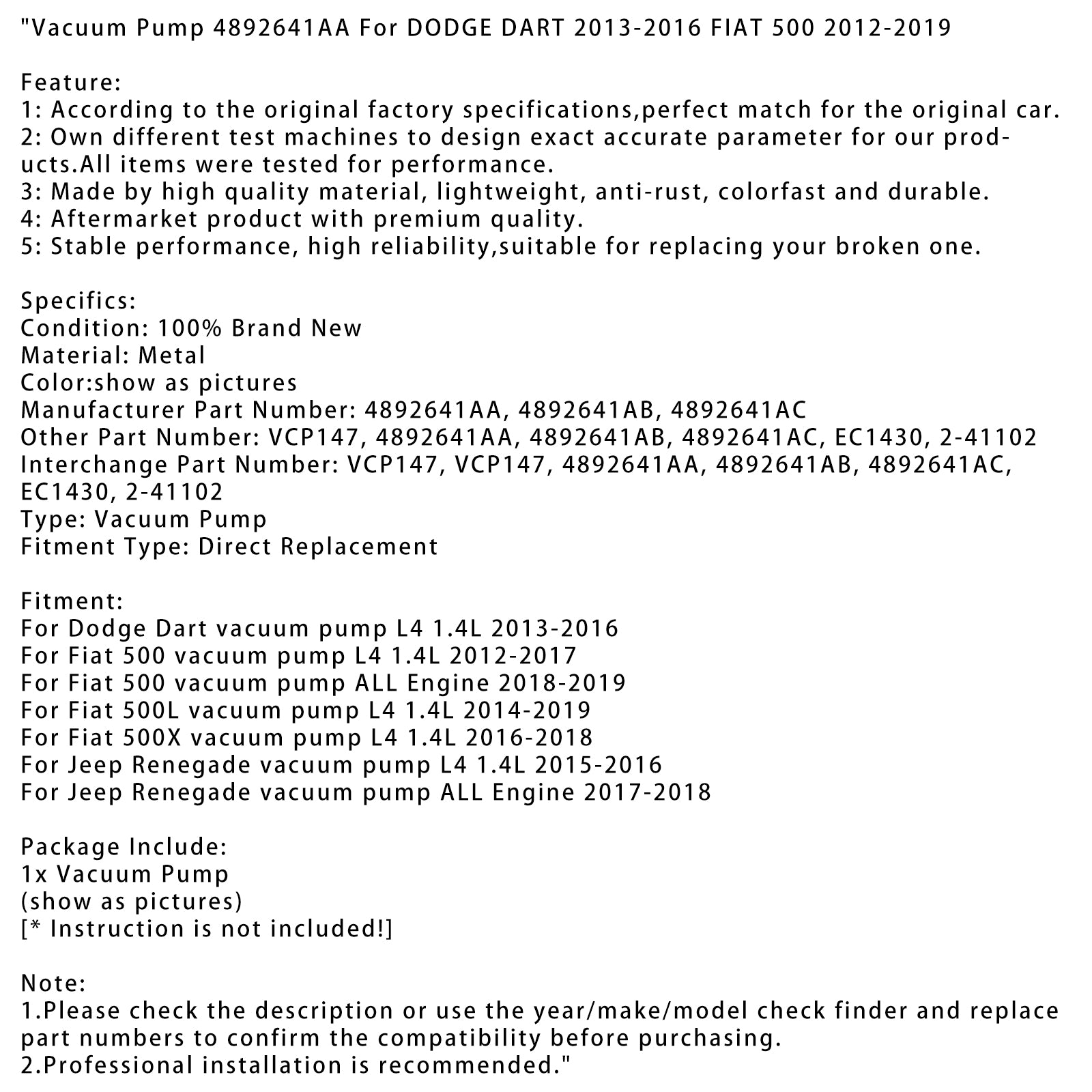 2016-2018 Fiat 500x L4 1,4 l Vákuové čerpadlo 4892641aa