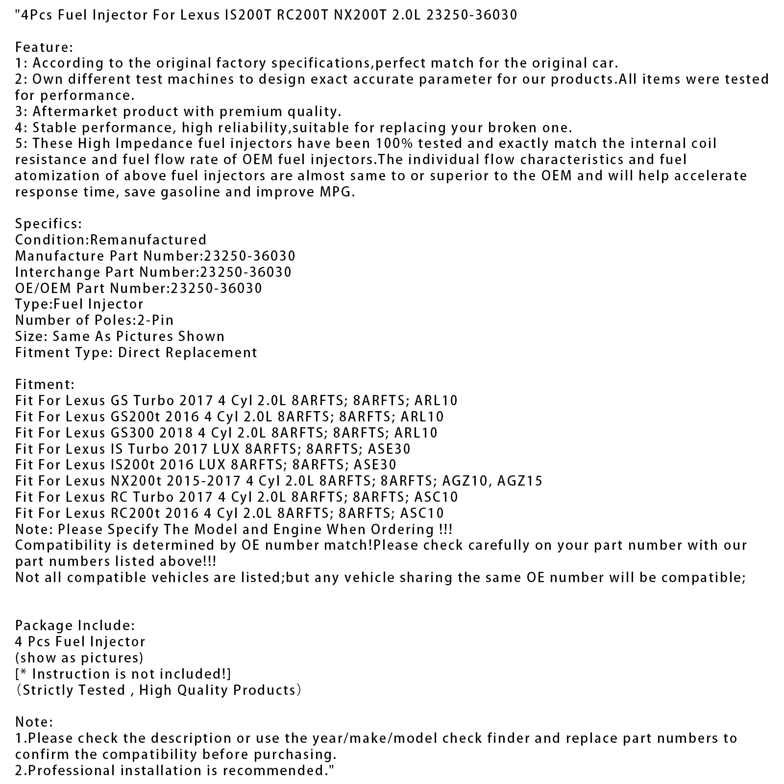 4Pcs Fuel Injector For Lexus IS200T RC200T NX200T 2.0L 23250-36030