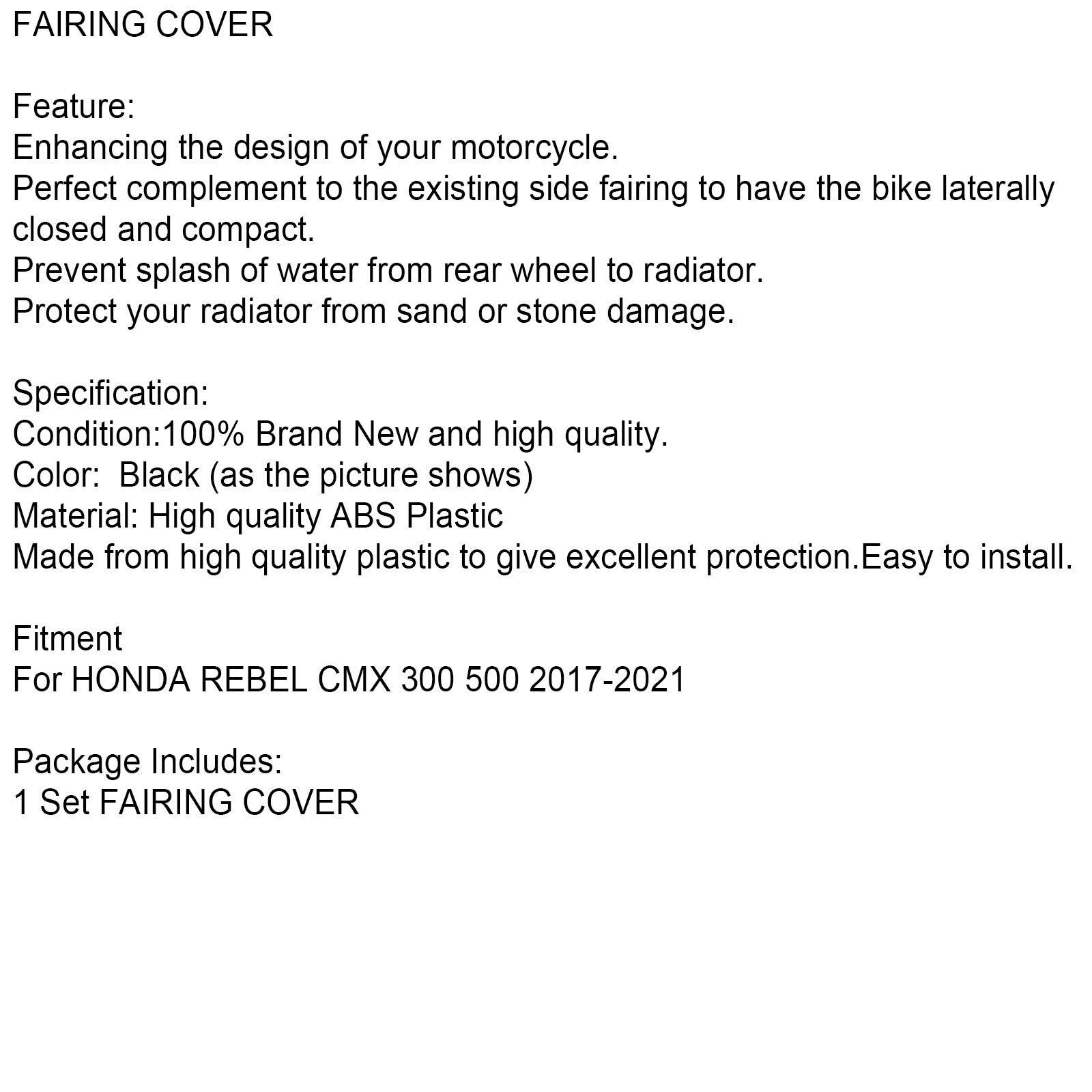 2017-2021 HONDA REBEL CMX 300 500 onder kuipafdekking buikpaneel motorbeschermer