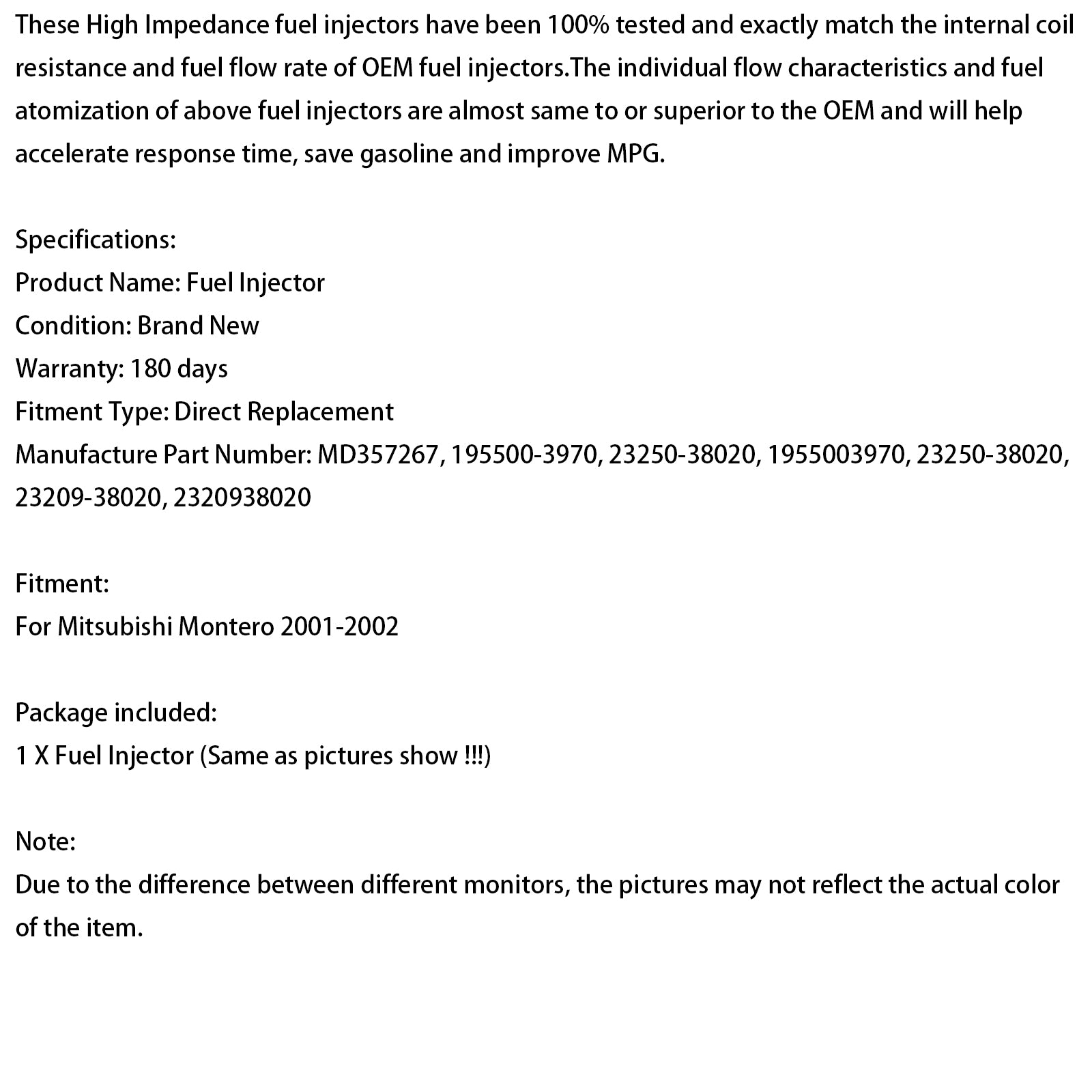 2001-2002 Mitsubishi Montero 3.5L 1PCS Fuel Injector MD357267 195500-3970