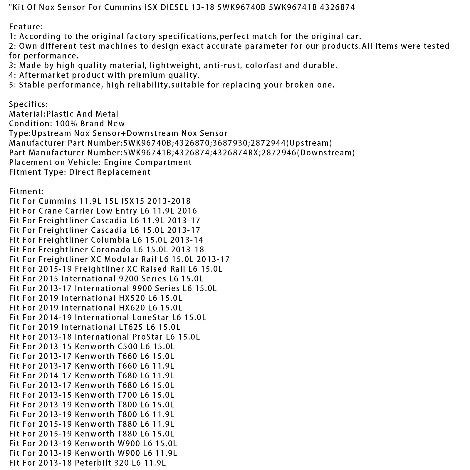 Kit Of Nox Sensor For Cummins ISX DIESEL 13-18 5WK96740B 5WK96741B 4326874