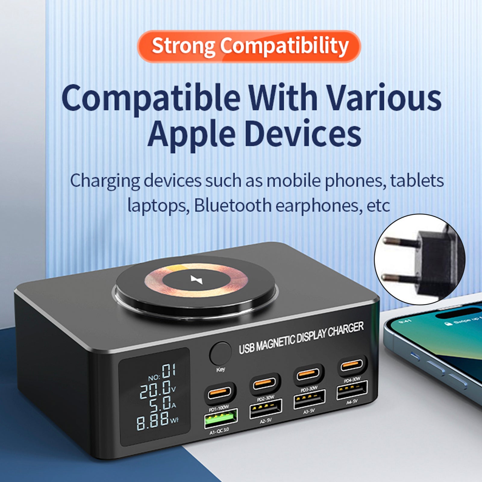 140W Fast ladelader Intelligent Digital Display PD100W Mobiltelefon Notatbok Magnetisk trådløs lading Multi-Port USB Charger EU Plug