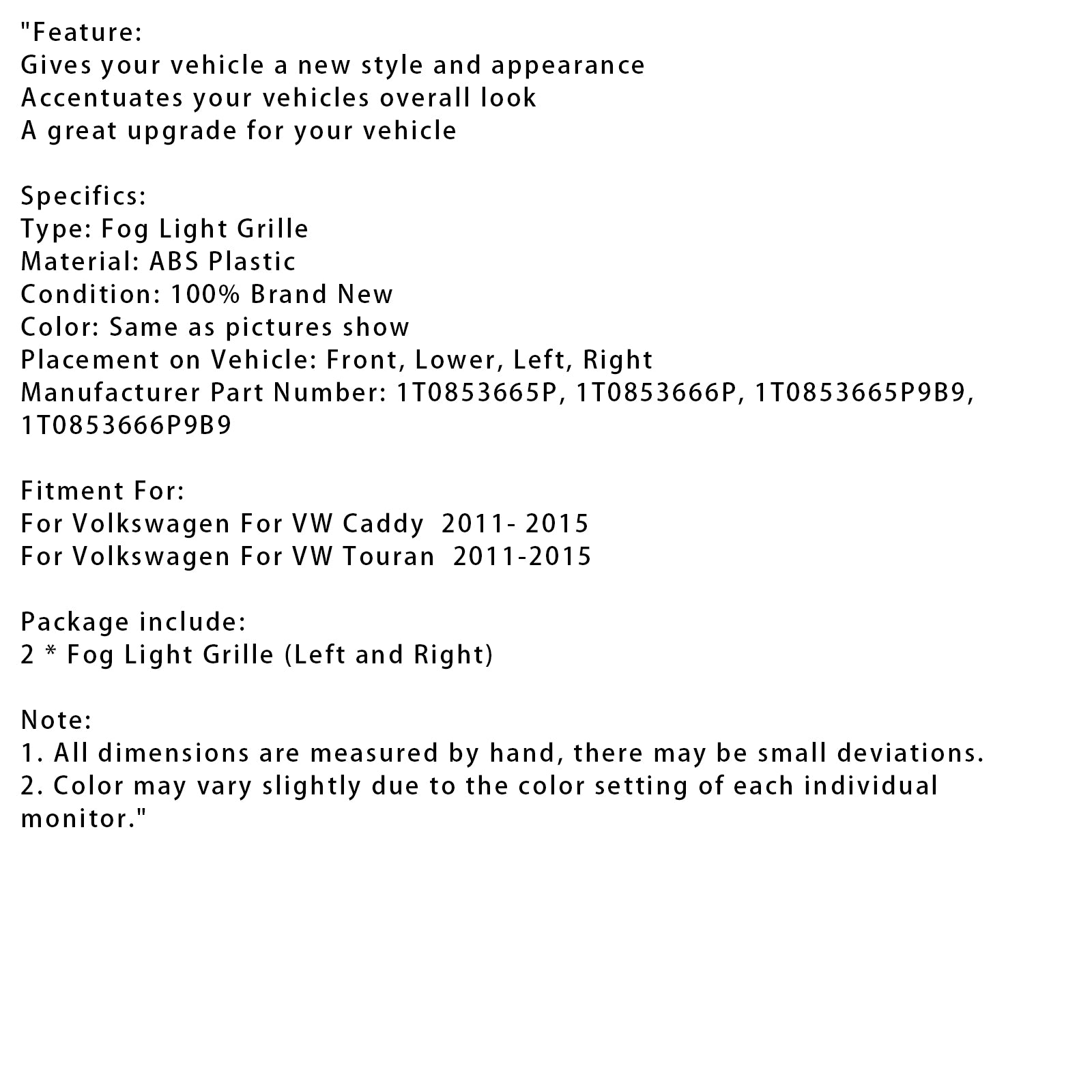 2011-2015 Volkswagen VW Caddy Touran 2 STUKS Bumper Mistlamp Lamp Trim Covers Grill Chroom