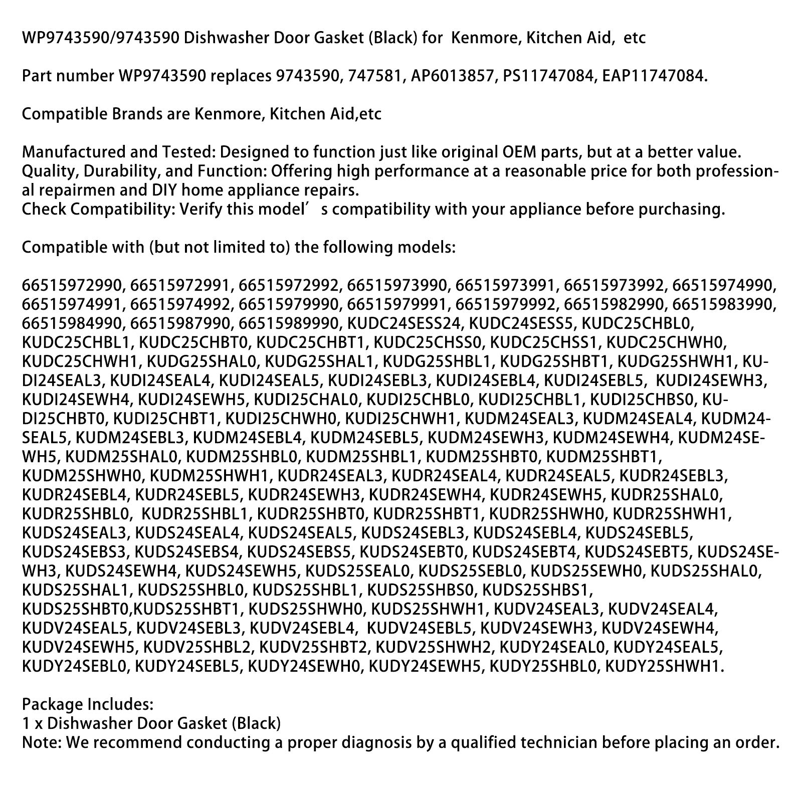 WP9743590/9743590 oppvaskmaskin dørpakning (svart) for Kenmore Kitchenaid osv