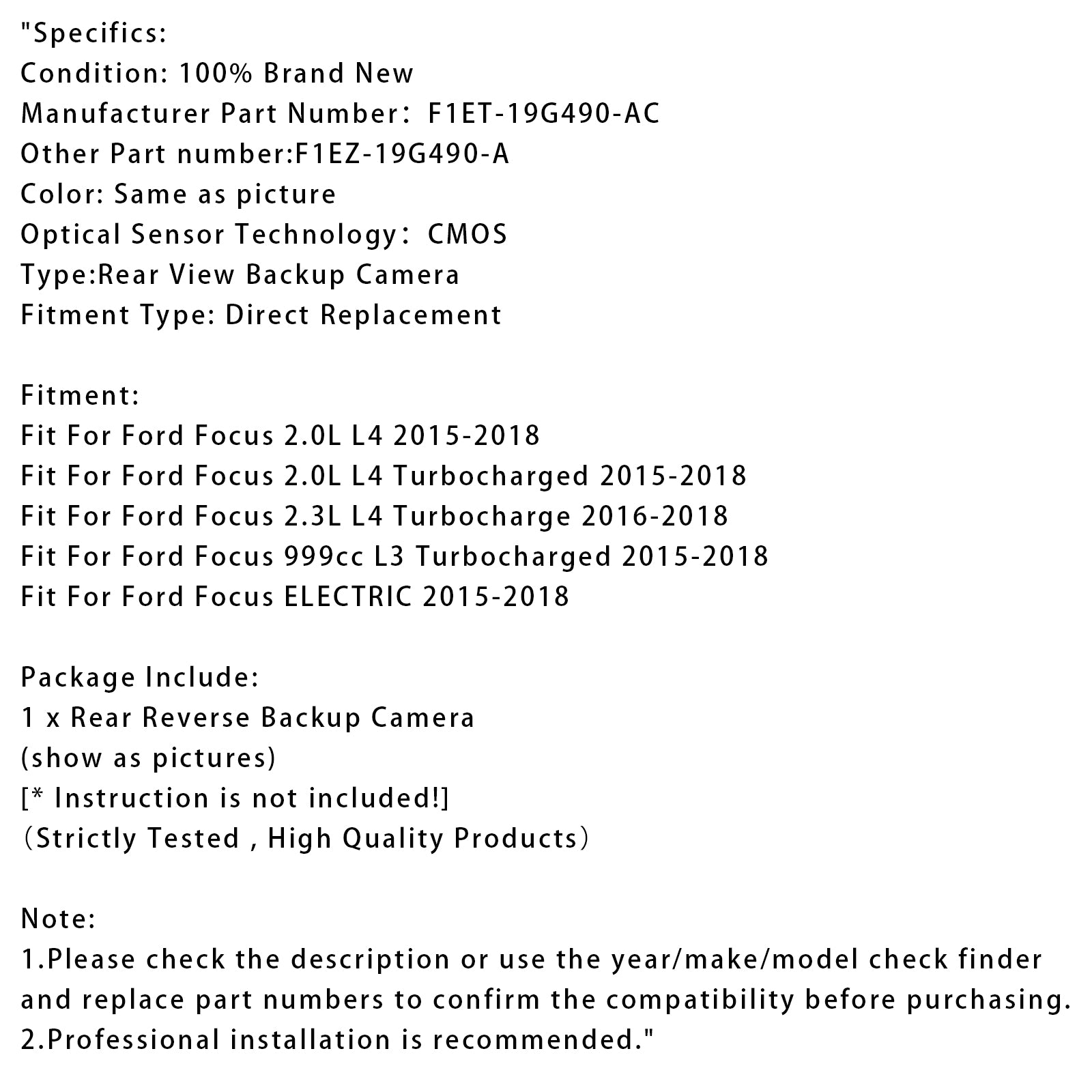 Câmera de backup reversa traseira Park Assist para Ford Focus 2015-2018 F1ET-19G490-AC