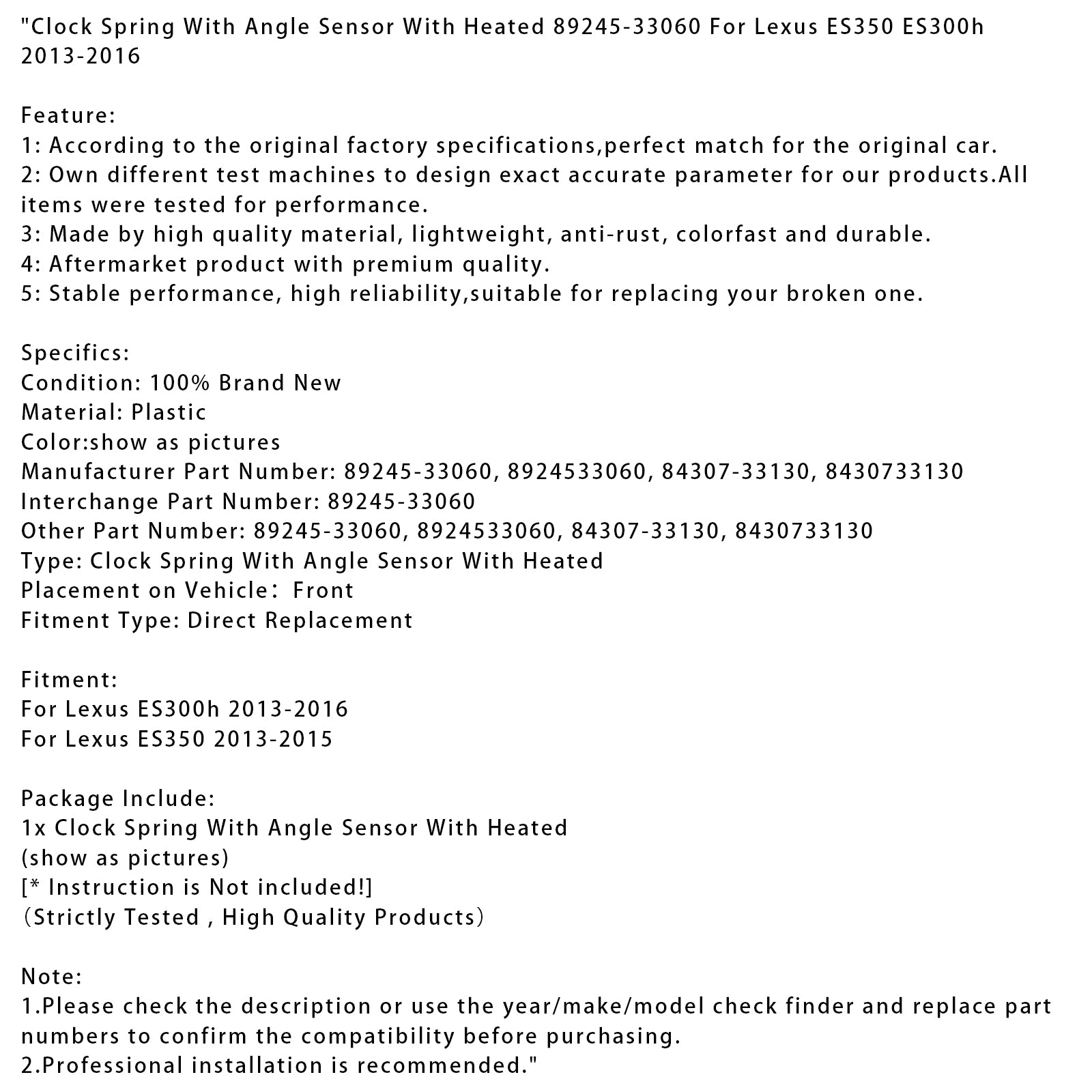 Clock Spring With Angle Sensor Heated 89245-33060 For Lexus ES350 ES300h 13-2016