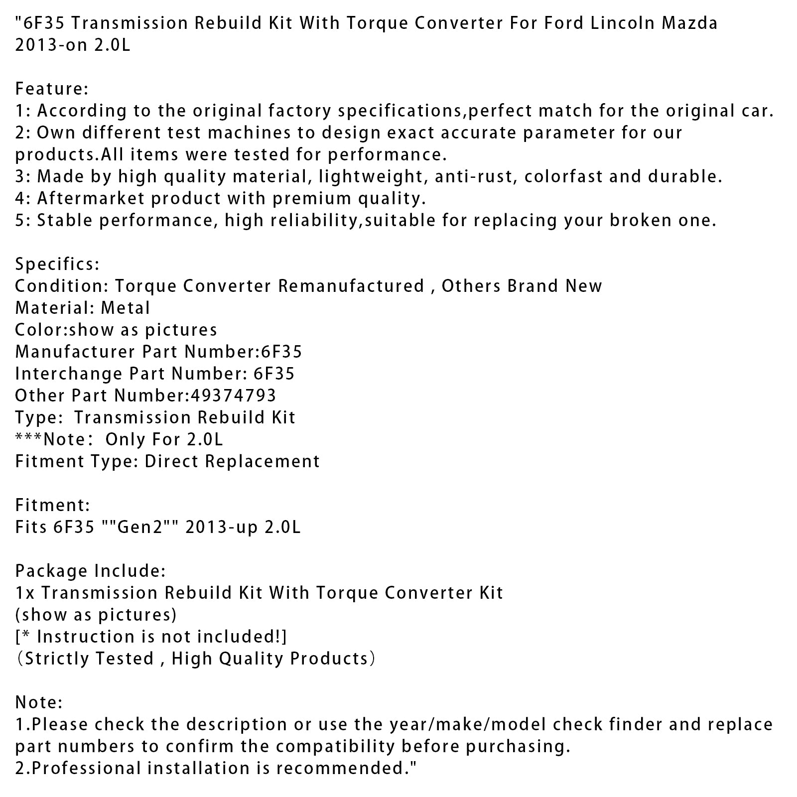 Ford 2.0L 6F35 transmissie-revisieset vanaf 2013 met koppelomvormer