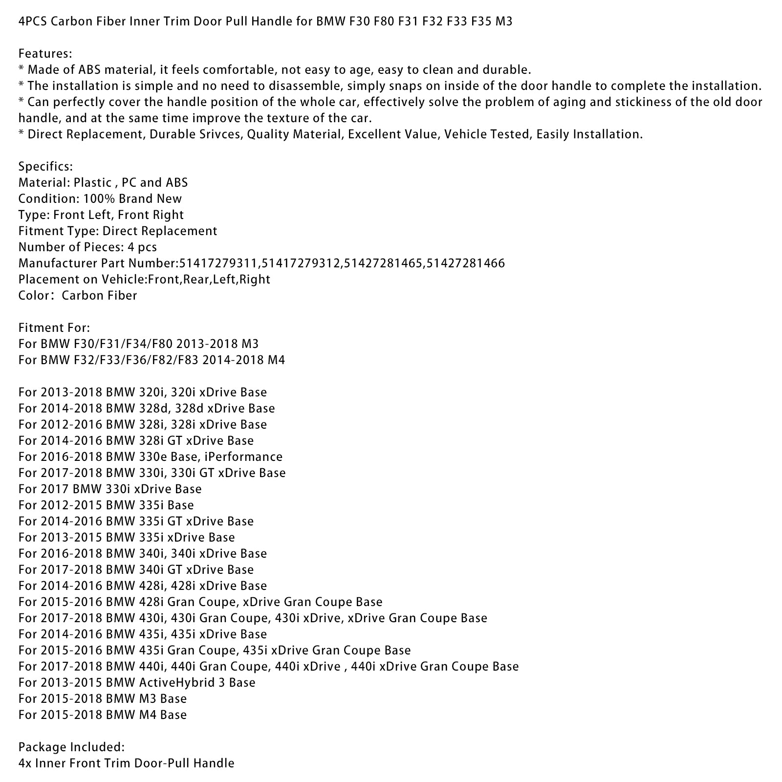 4PCS Carbon Inner Trim Door Pull Handle for BMW F30 F80 F31 F32 F33 F35