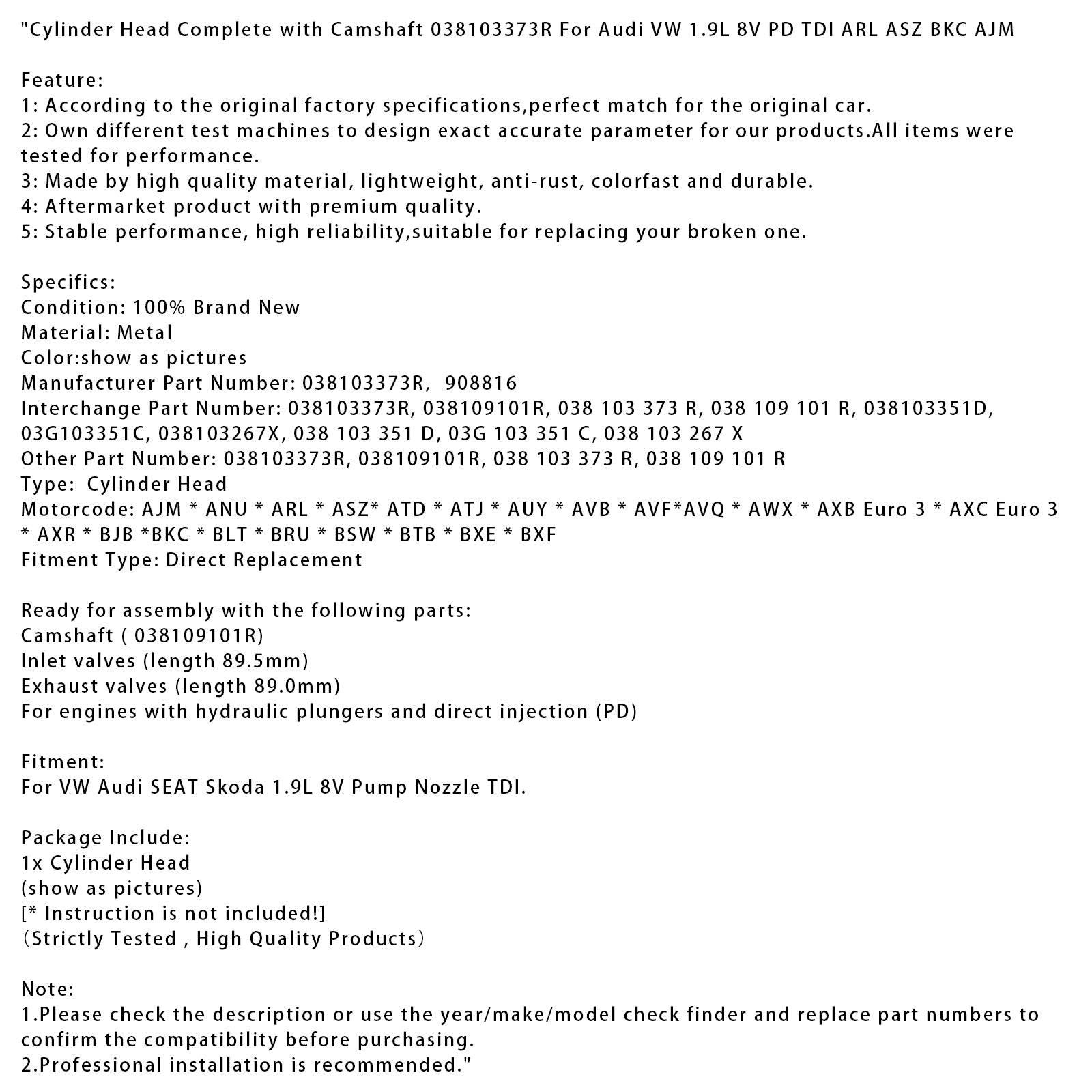 VW Audi SEAT Skoda 1.9L 8V Pump Nozzle TDI Cylinder Head Complete with Camshaft 038103373R