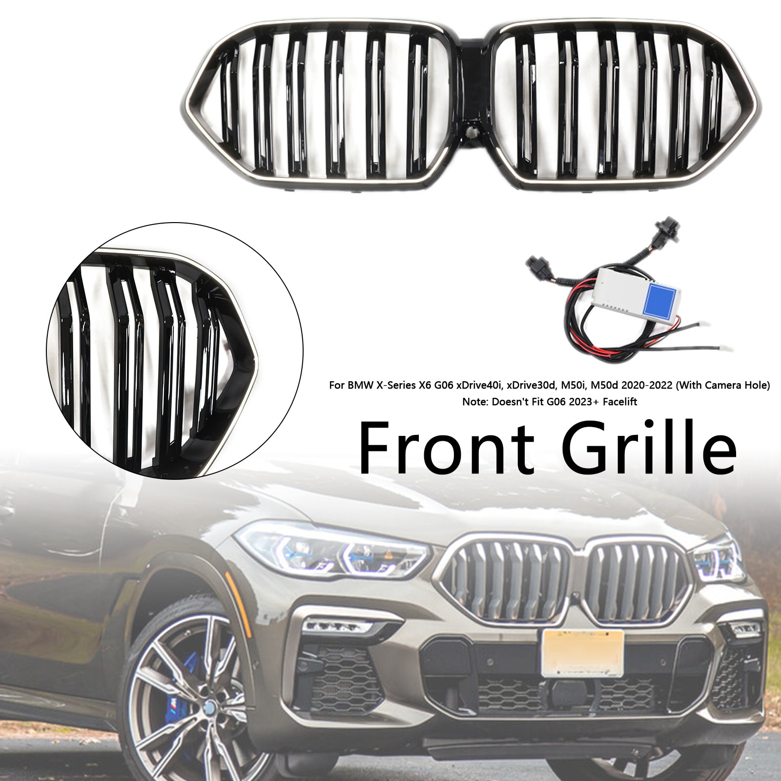2020-2022 BMW X6 G06 M50i W/Camera Hole Gloss Black Front Bumper Grille
