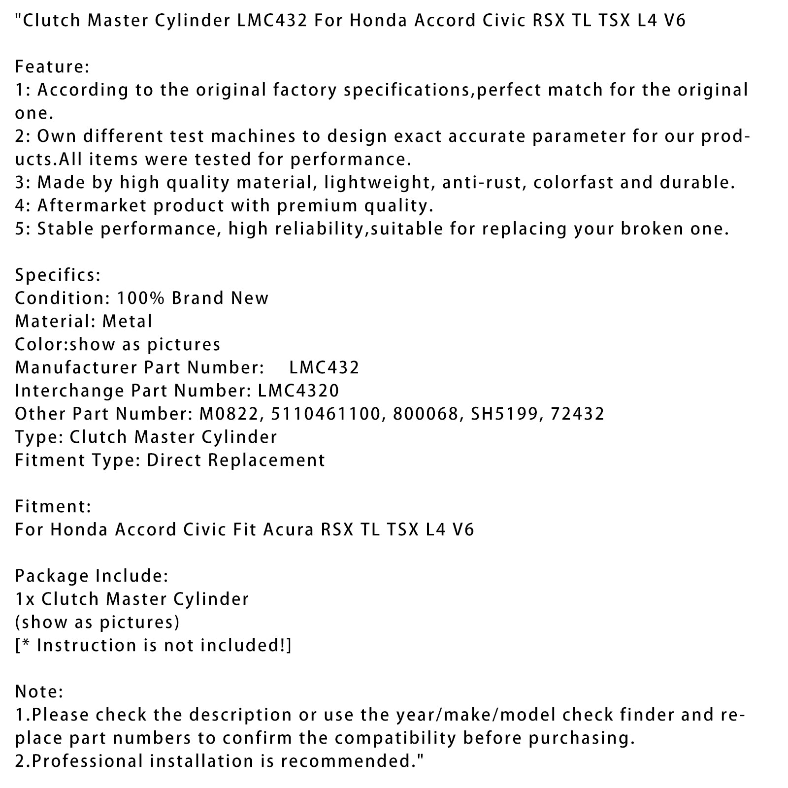 Honda Accord Civic RSX TL TSX L4 V6 Koppelingshoofdcilinder LMC432 LMC4320