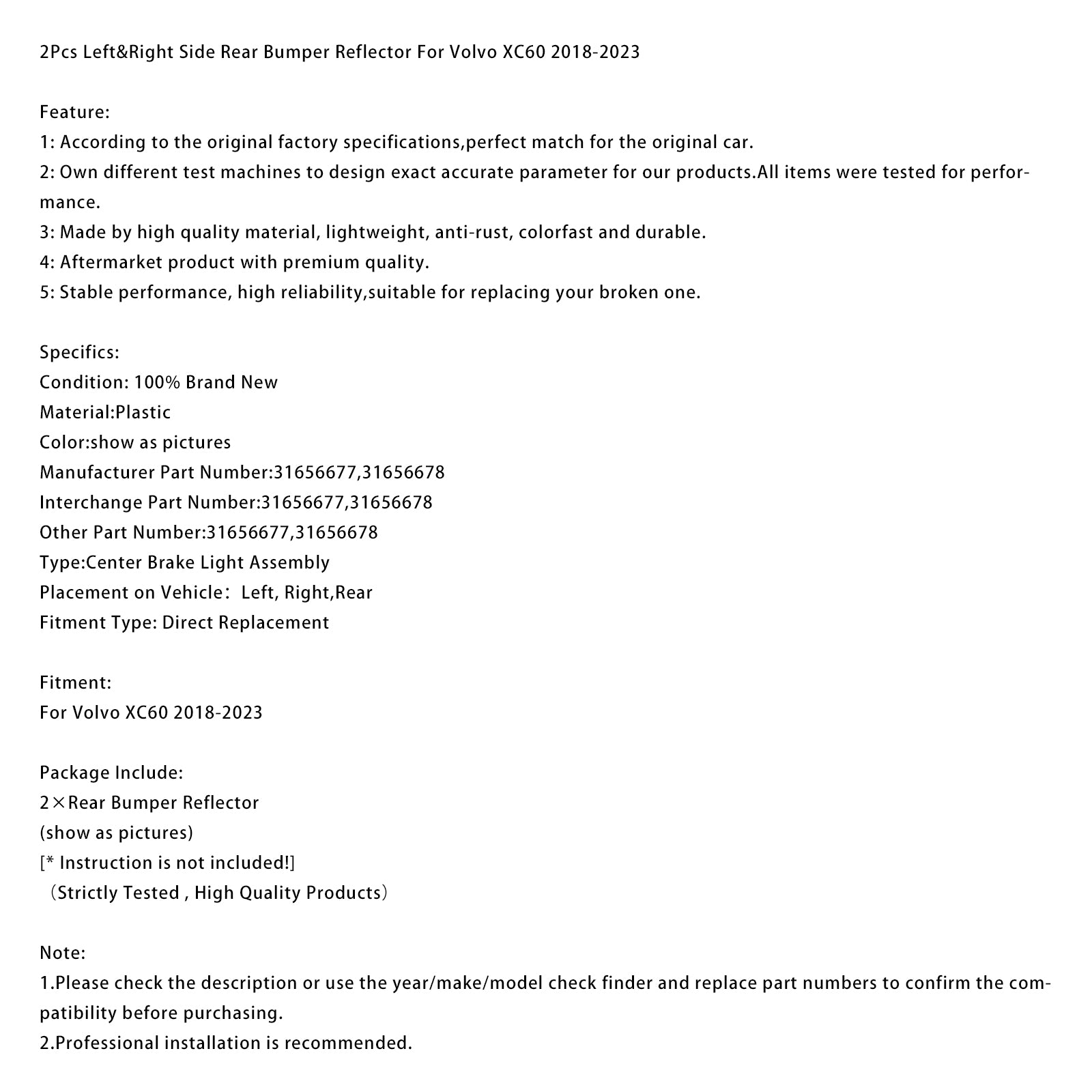 2018-2023 Volvo XC60 2Pcs Left&Right Side Rear Bumper Reflector