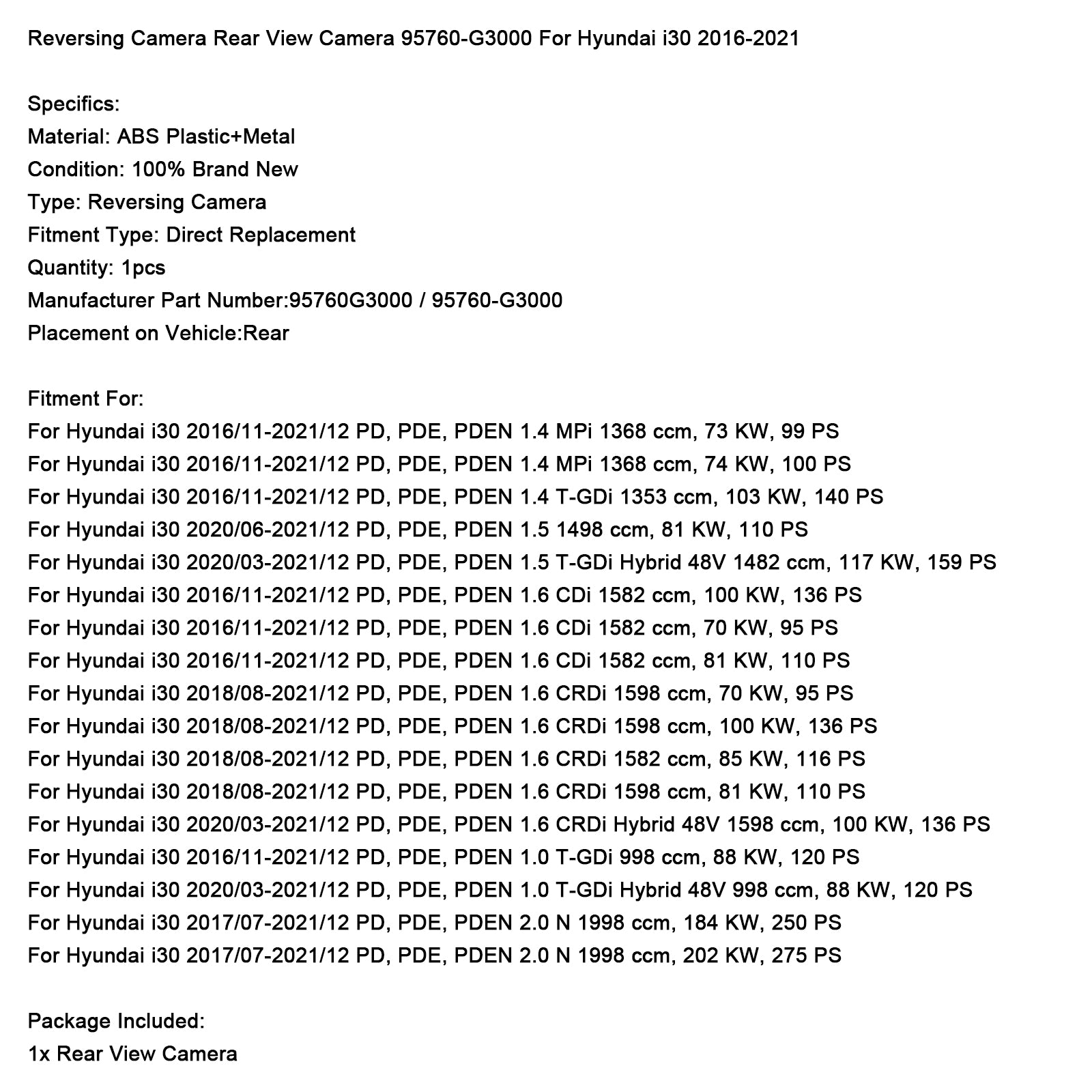 Reverzná kamera Zadná kamera 95760-G3000 pre Hyundai I30 2016-2021