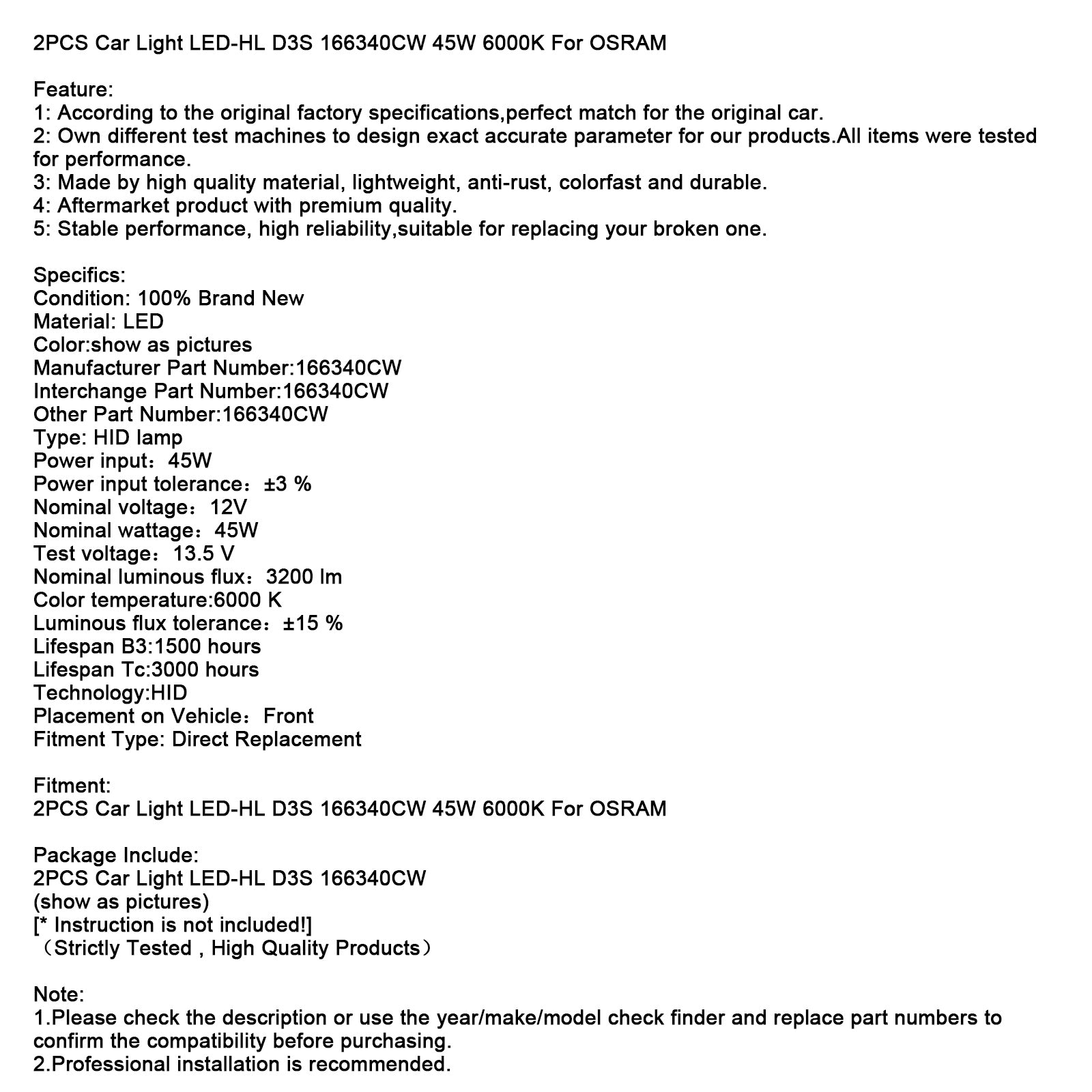 2pcs Car Light Led-HL D3S 166340CW 45W 6000K pre Osram