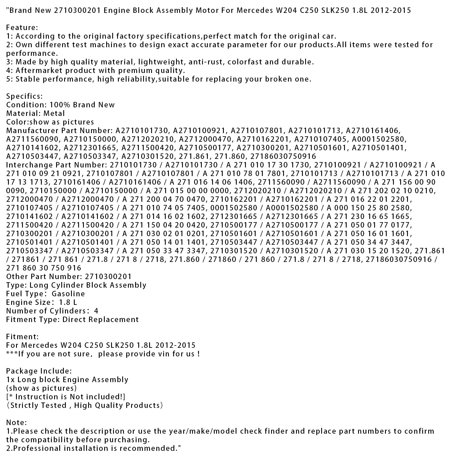 2012-2015 Mercedes W204 C250 SLK250 1.8L New 2710300201 Engine Block Motor