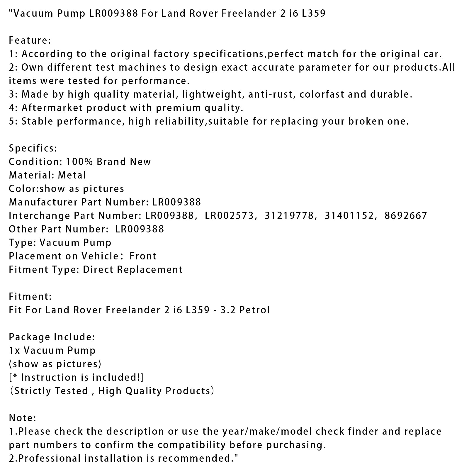 Land Rover Freelander 2 i6 L359 Bomba de vácuo LR009388 LR00257 331219778