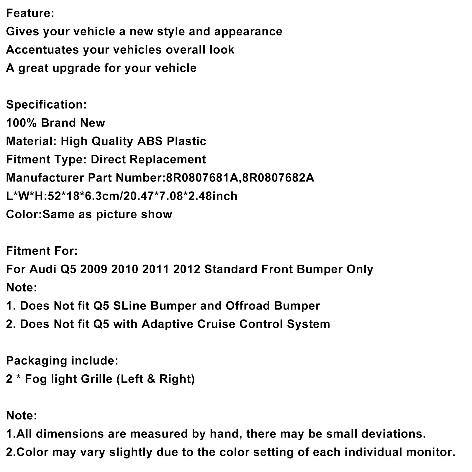 2009-2012 Audi Q5 2 STUKS Voorbumper Grill Mistlamp Lampafdekkingen