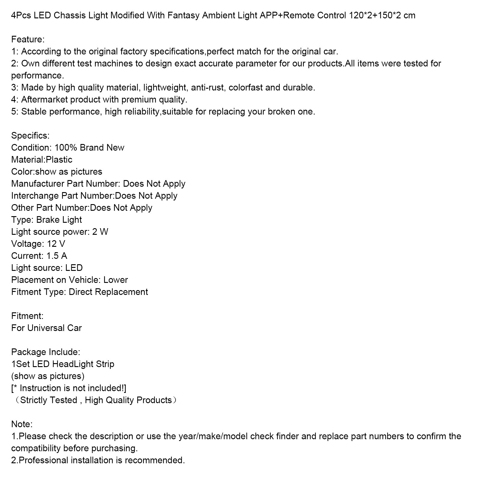 4 stuks LED-chassislicht aangepast met fantasie omgevingslicht APP + afstandsbediening 120 * 2 + 150 * 2 cm