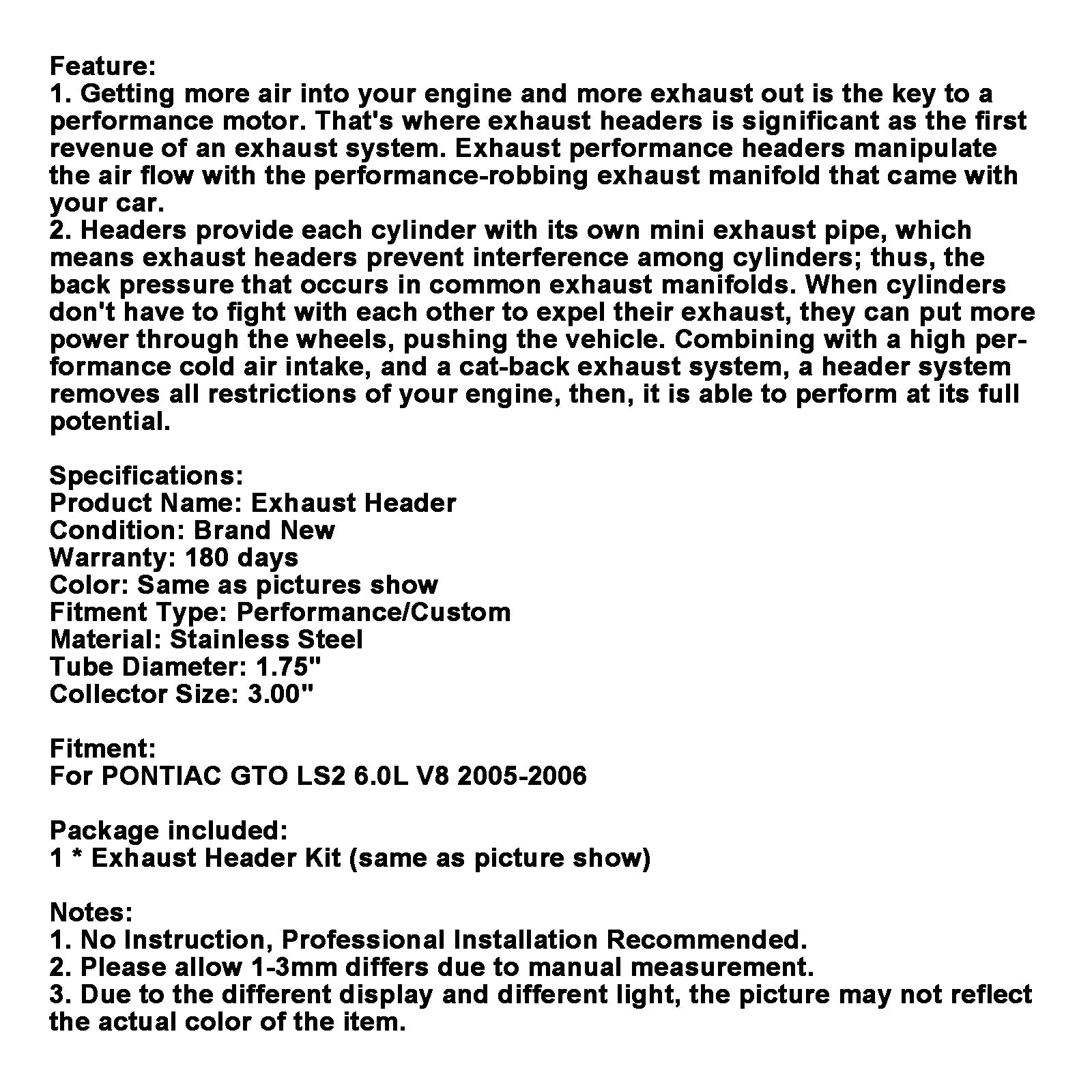 Coletor de cabeçalho de aço inoxidável ajuste de exaustão Pontiac GTO 6.0L V8 2005-2006