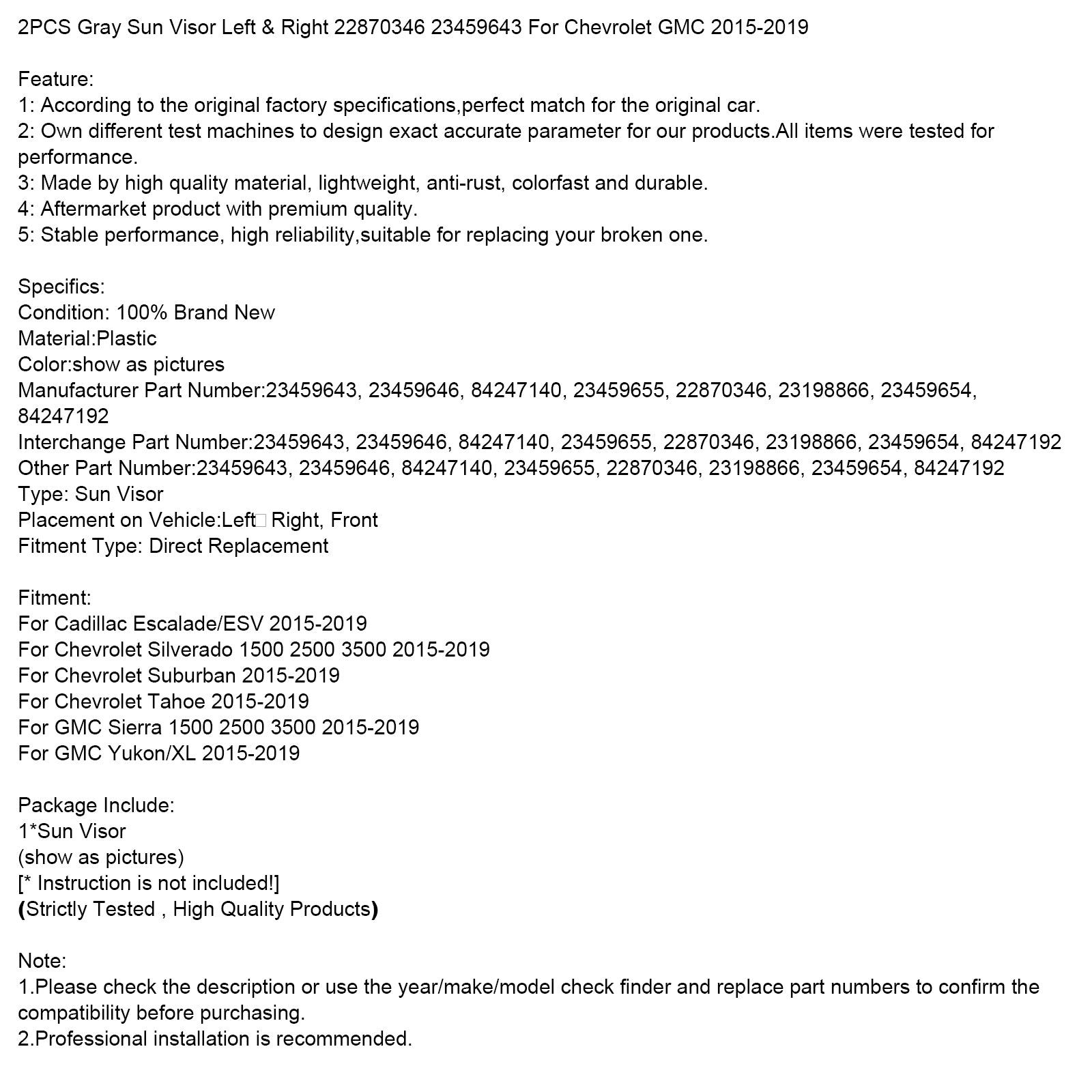 2 piezas de visera solar gris izquierda & Derecho 22870346 23459643 Para Nissan Altima 2013-2018