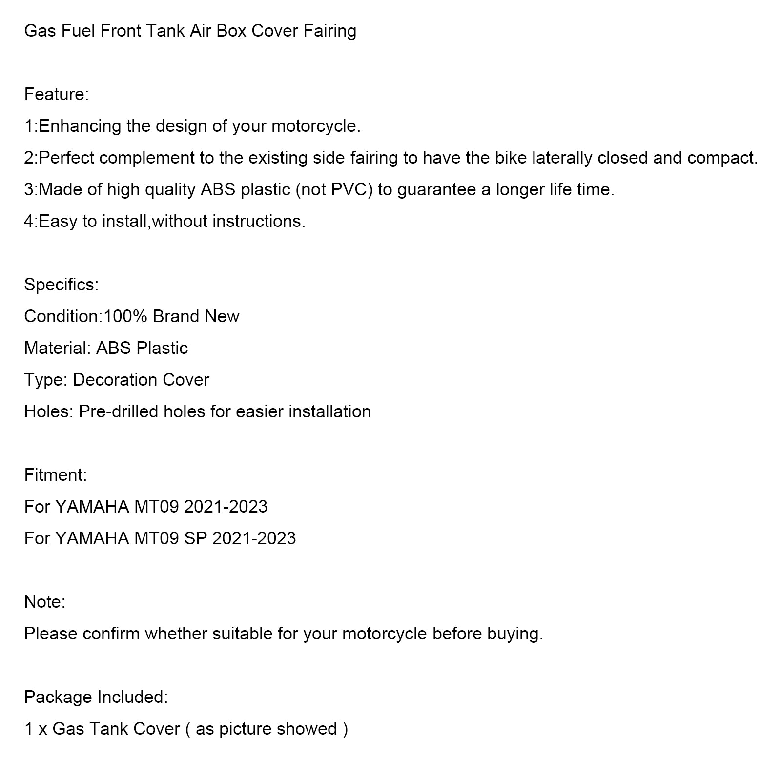 2021-2023 YAMAHA MT-09 MT09 SP Carénage du couvercle de la boîte à air du réservoir avant