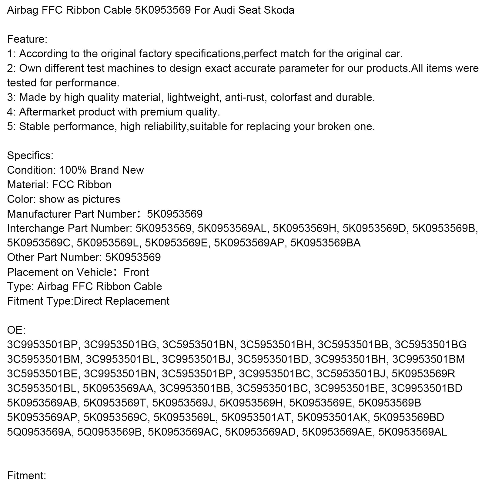 Alhambra Altea Le贸n Airbag FFC Ribbon Cable 5K0953569 5K0953569AL