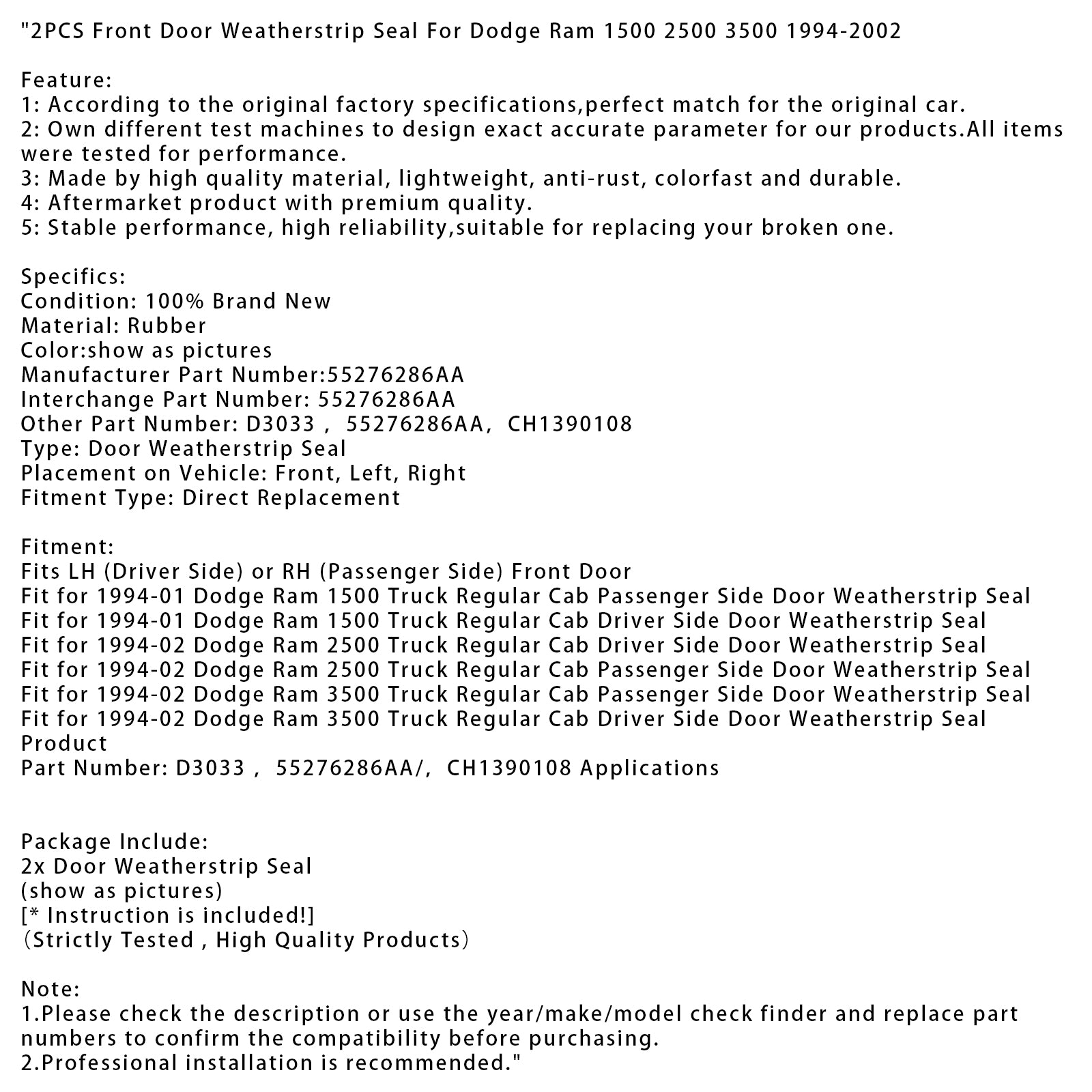 2pcs Porte d'entrée joint de warerstrip pour Dodge Ram 1500 2500 3500 1994-2002