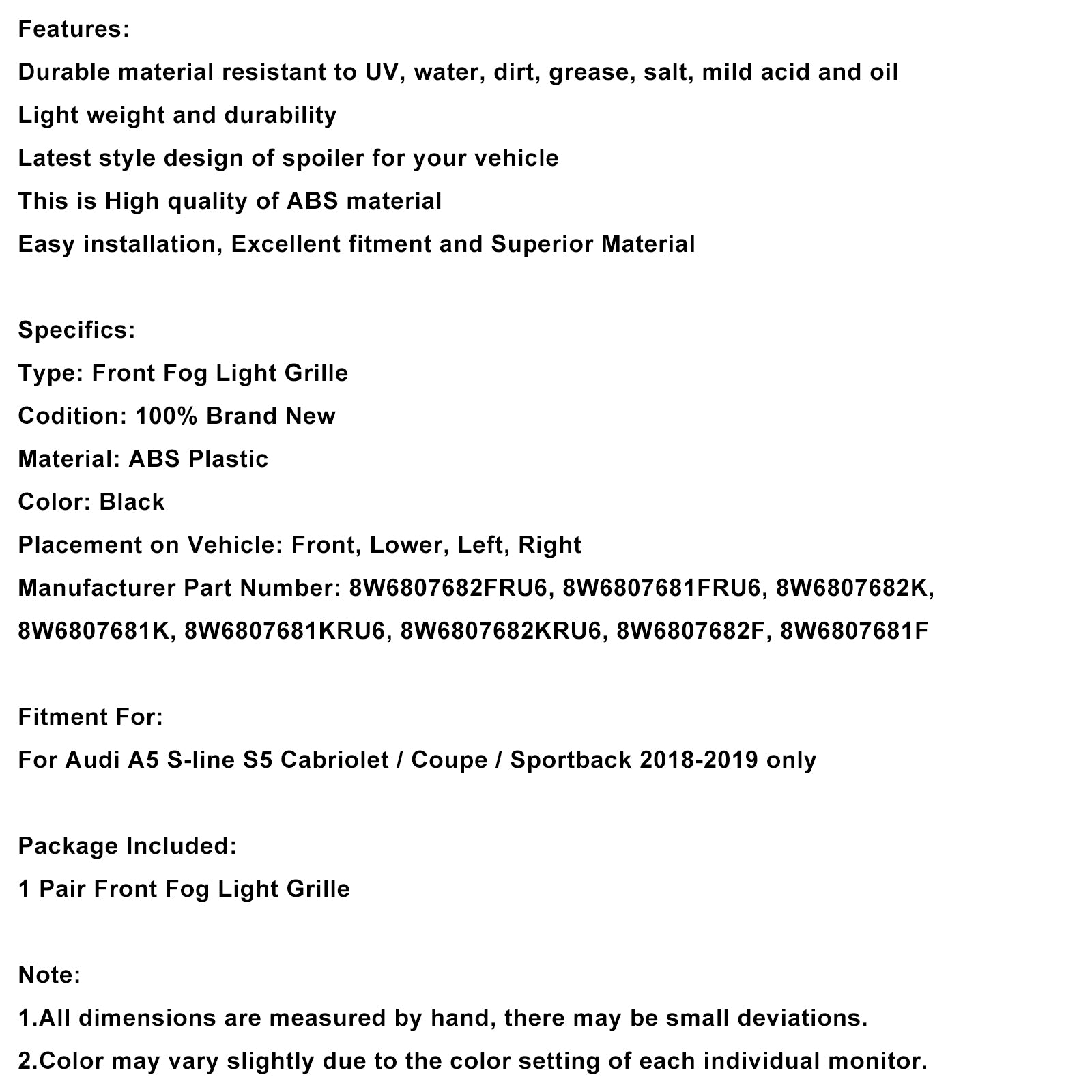2018-2019 Audi A5 S-Line S5 2ST främre stötfångare Dimljus Grillskydd