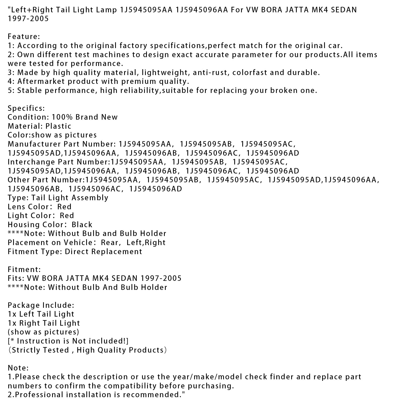 1997-2005 VW BORA JATTA MK4 SEDAN Left+Right Tail Light Lamp 1J5945095AA 96AA