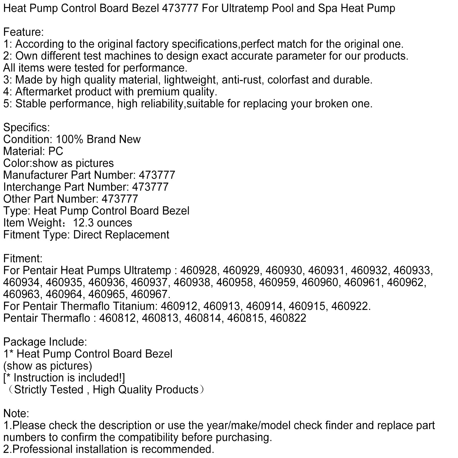 Varmepumpekontrollbrett Bezel 473777 for ultratemp basseng og spa varmepumpe