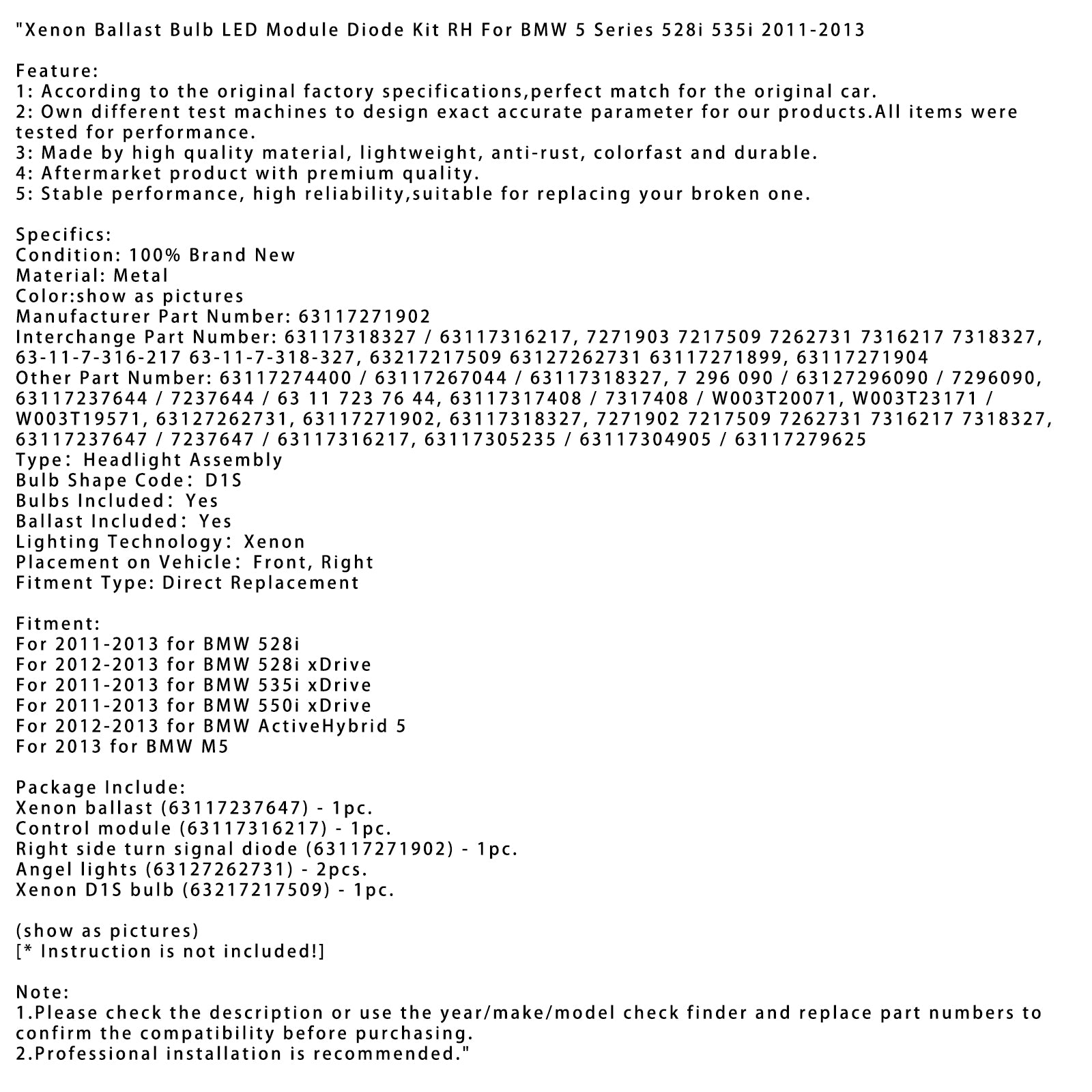 Xenon Bull Bulbo LED Módulo Diodo Kit RH para BMW 5 Série 528i 535i 2011-2013